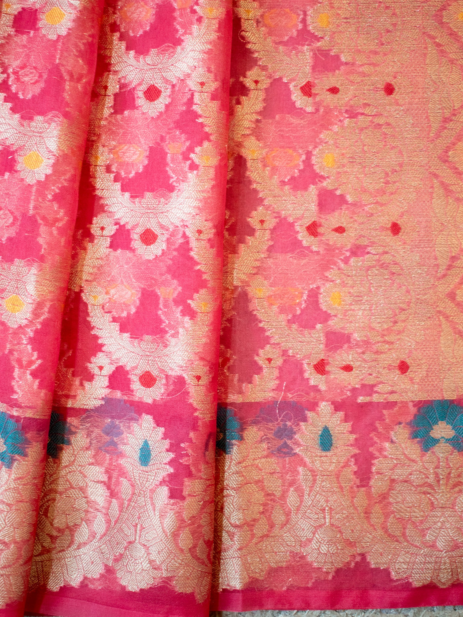 Banarasi Cotton Silk Saree With Silver Zari Weaving & Border-Pink