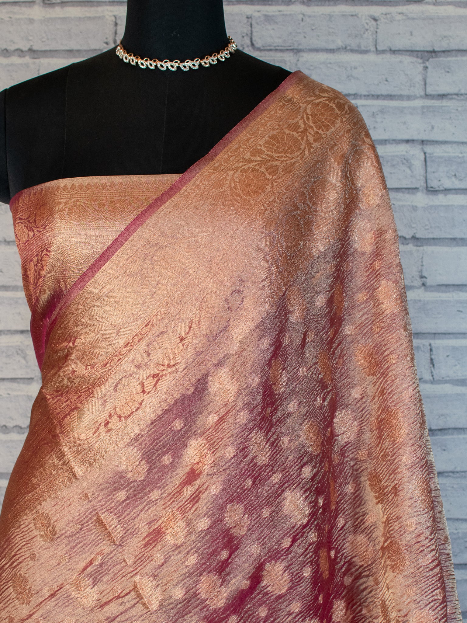 Banarasi Crushed Tissue Saree With Buti & Zari Border-Pink