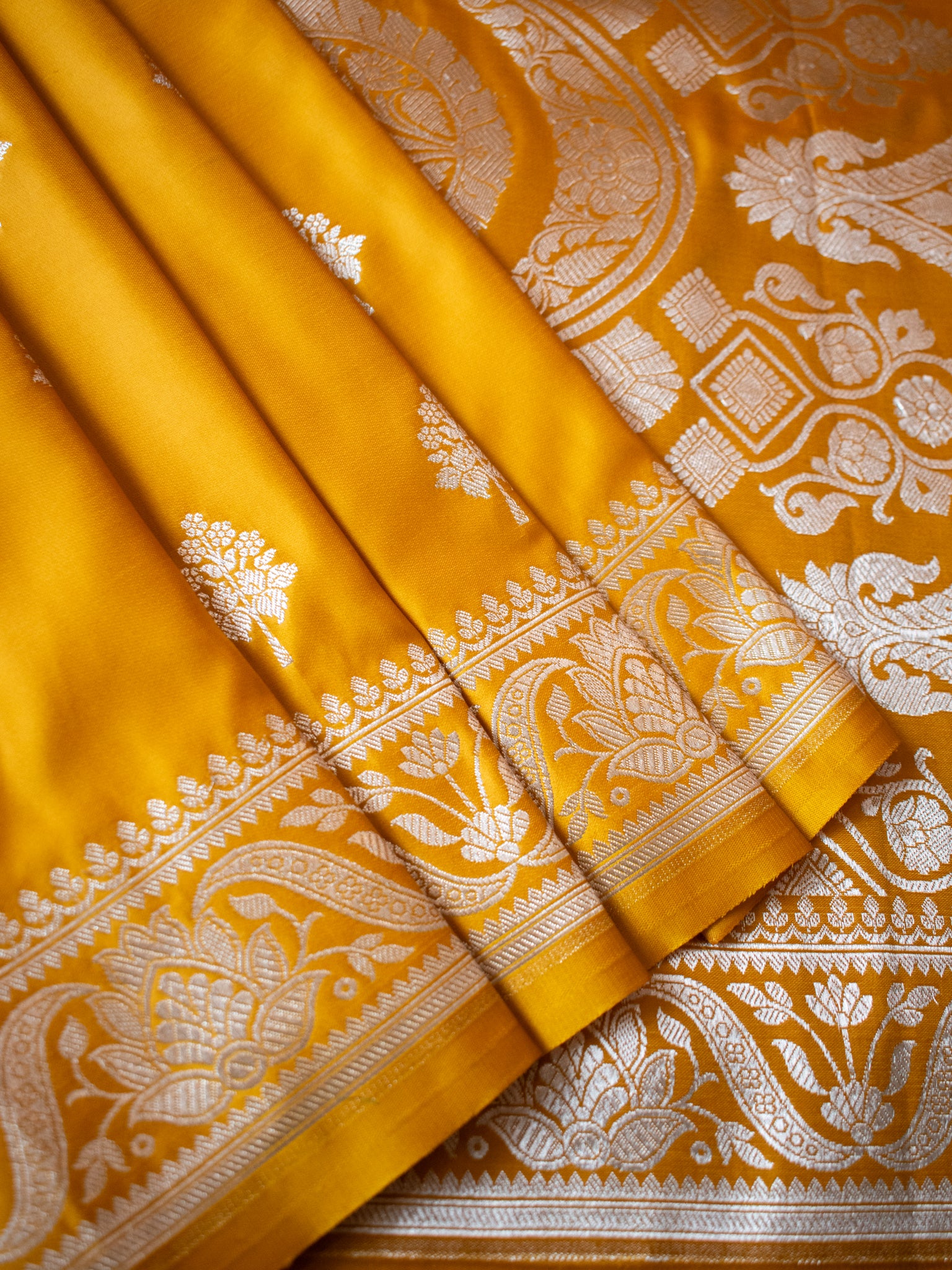 Banarasi Mashru Silk Saree With Buti & Border- Yellow