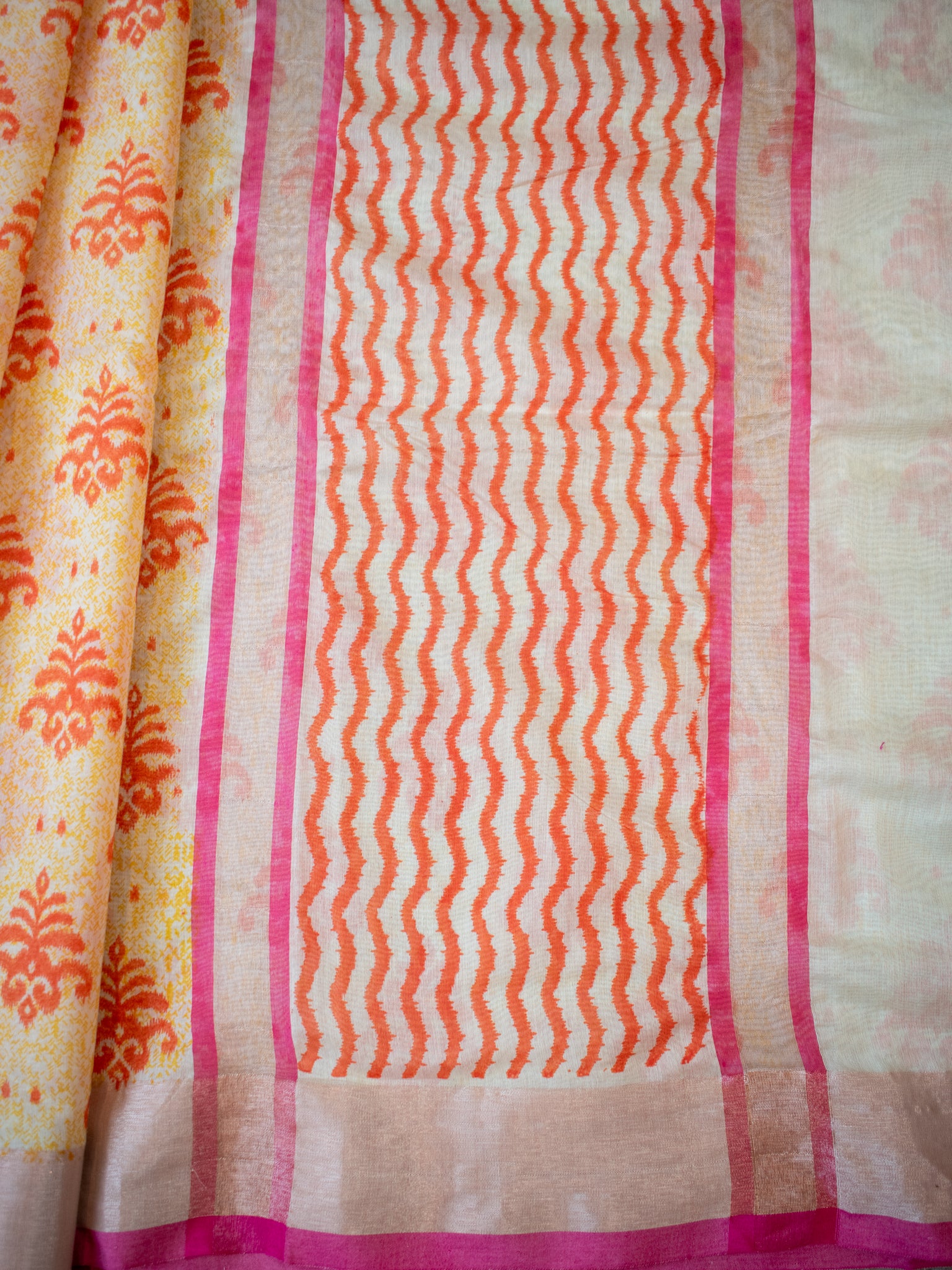 Banarasi Cotton Saree With Block Print & border- Yellow