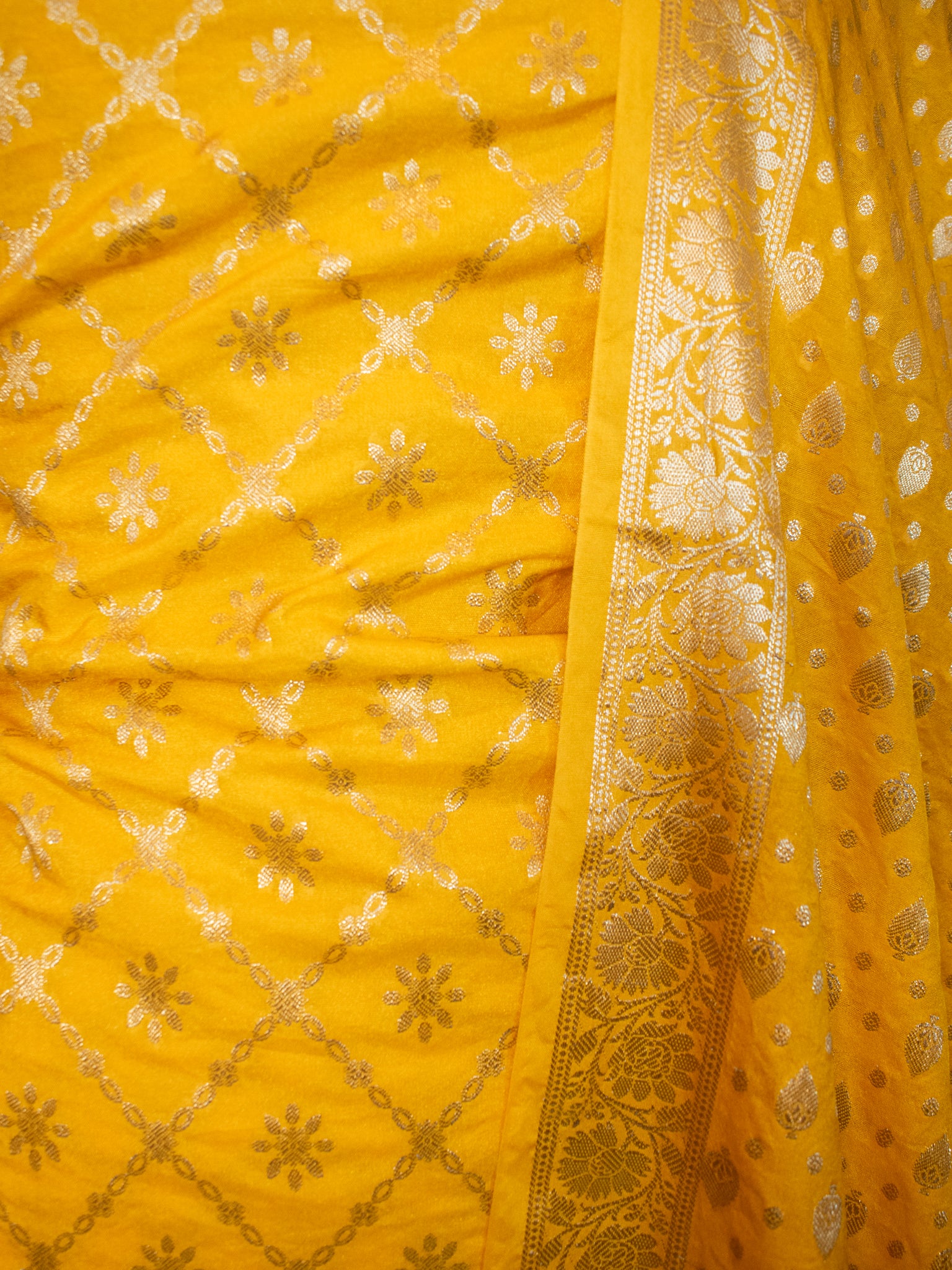 Banarasi Semi Katan Salwar Kameez Fabric With Dupatta- Yellow