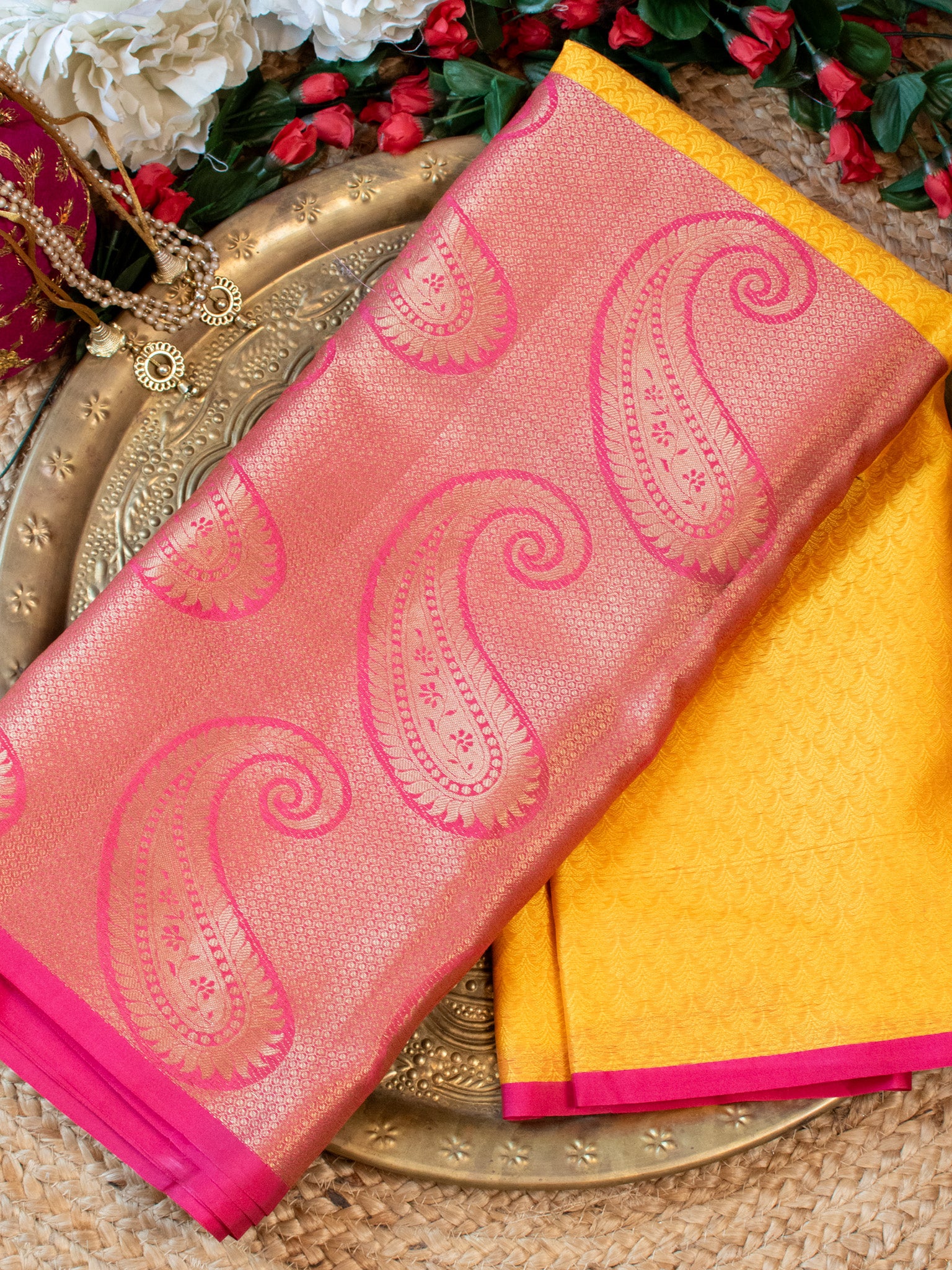 Banarasi Kora Muslin Broad Contrast Border Saree-Yellow & Pink