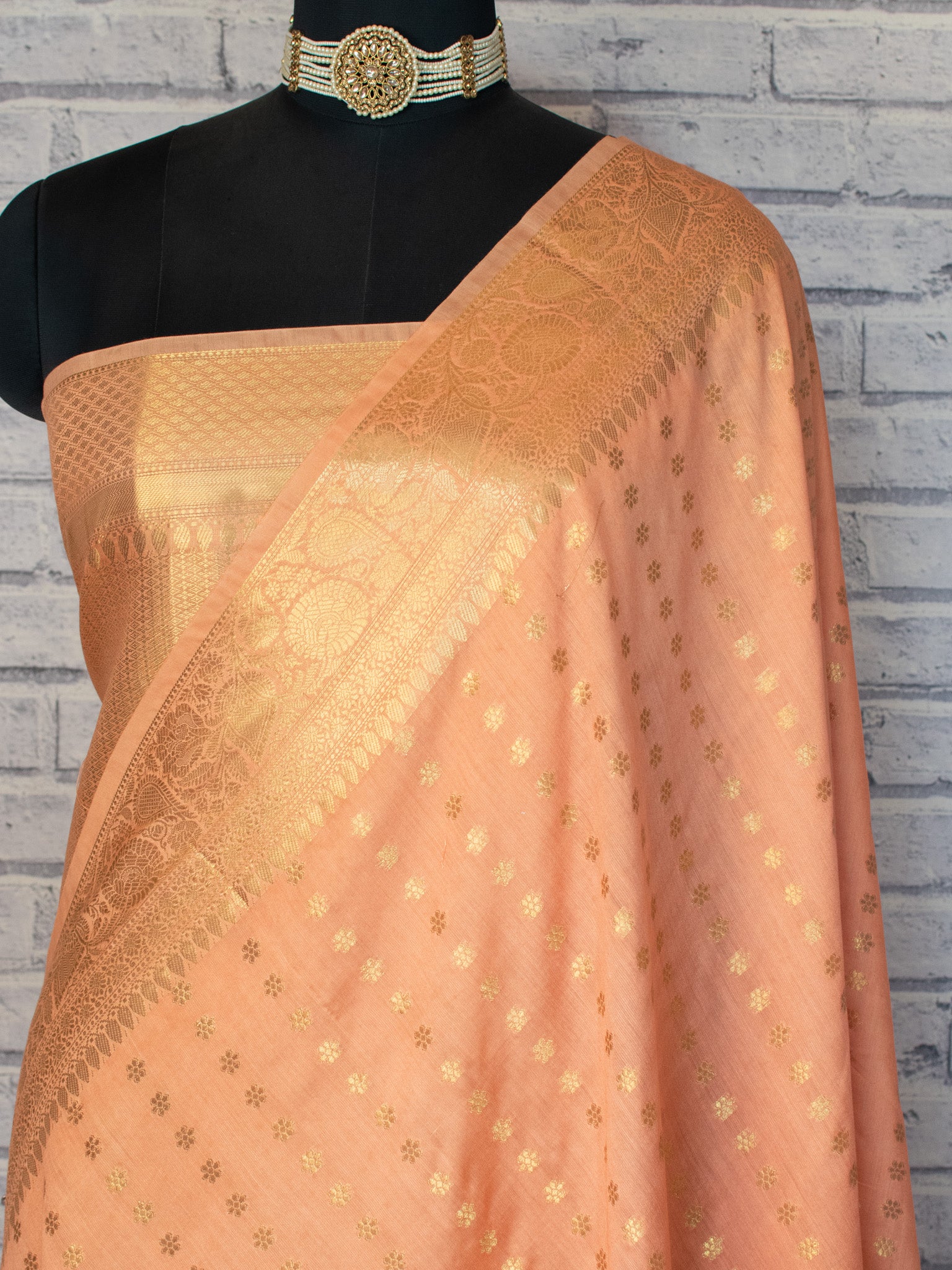 Banarasi Cotton Mix Saree With Buti & Zari Border - Peach