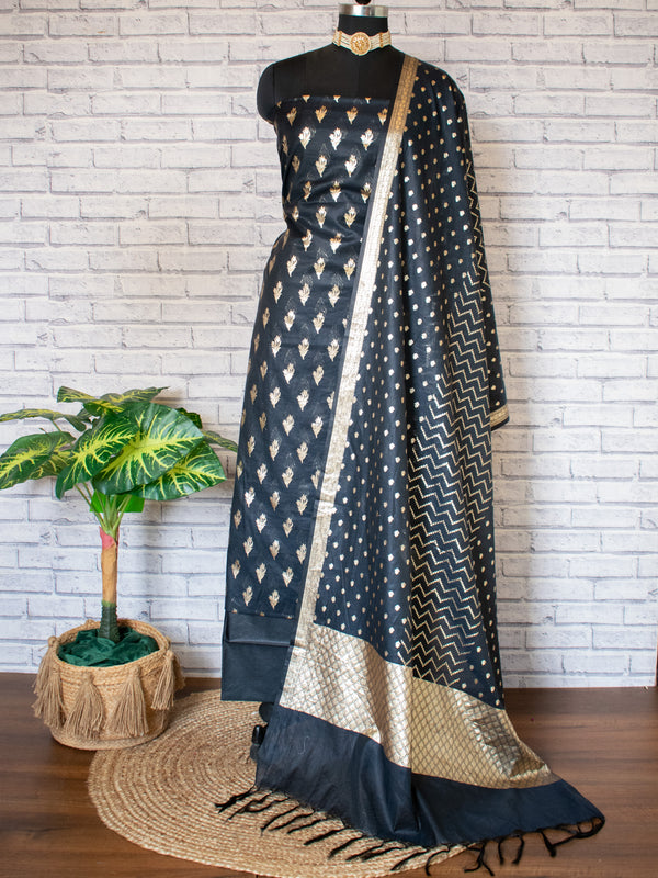 Banarasi Cotton Silk Salwar Kameez Material With Silver Zari Weaving & Dupatta-Black