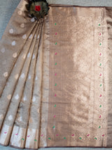 Banarasi Crushed Tissue Saree With Zari Border-Brown