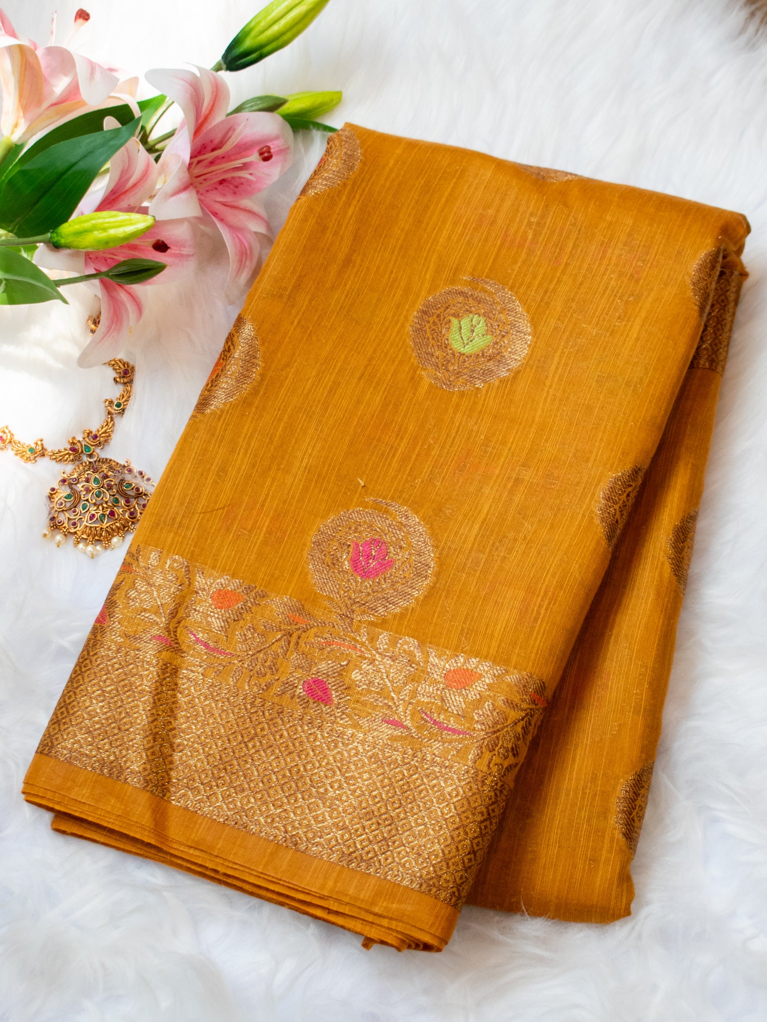 Banarasi Soft Cotton Saree With Resham Work and Border - Mustard Yellow