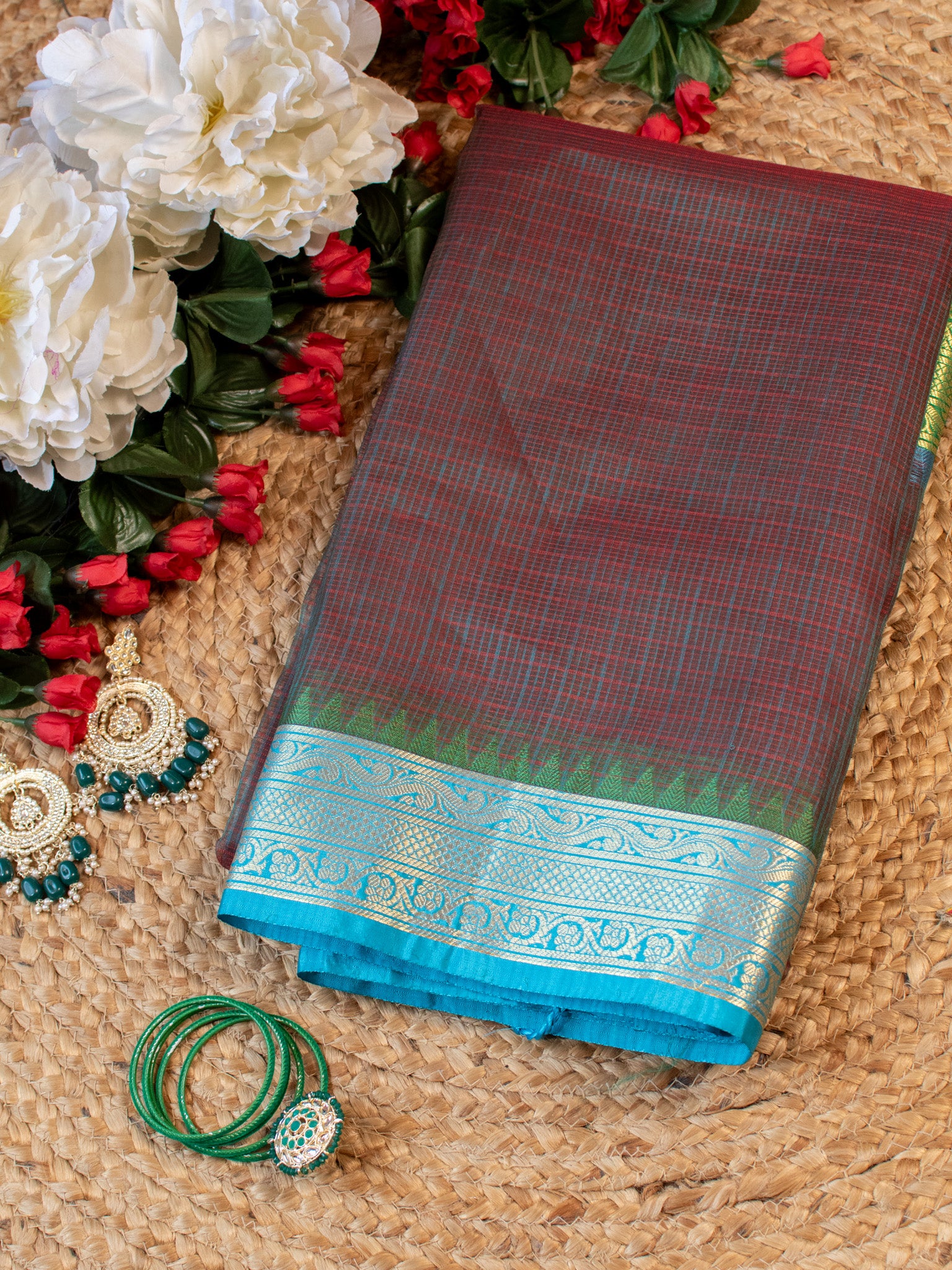 Banarasi Kota Check Saree With Contrast Border - Green