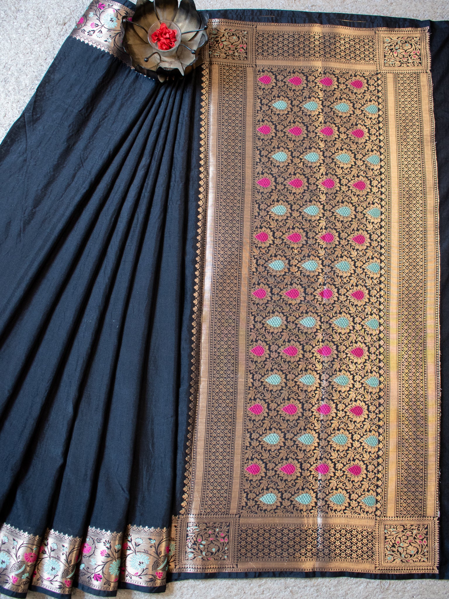 Banarasi Plain Semi Katan Saree With Meena Border- Black