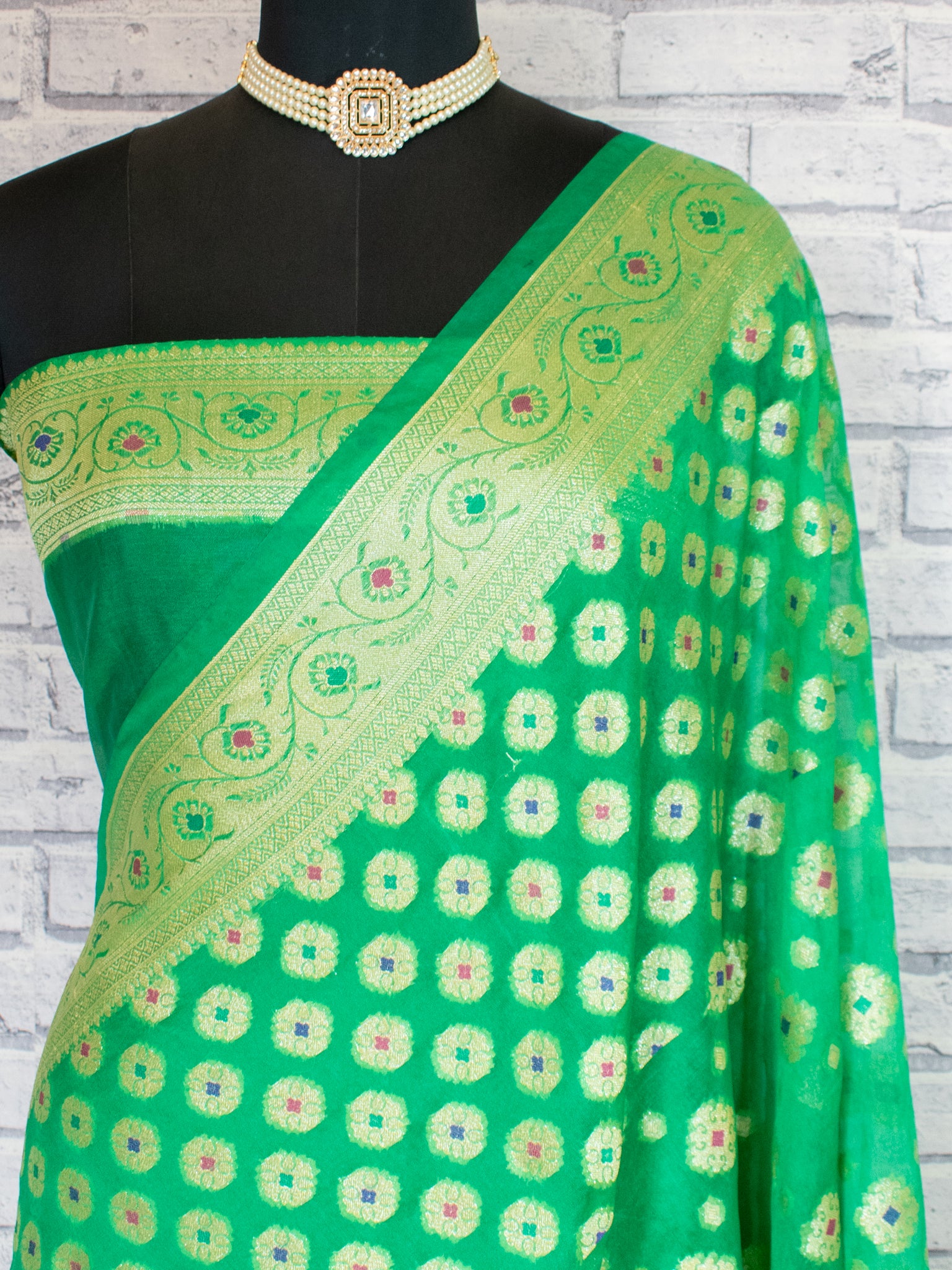 Banarasi Pure Cotton Saree With Zari & Resham Buti Weaving & Border- Green