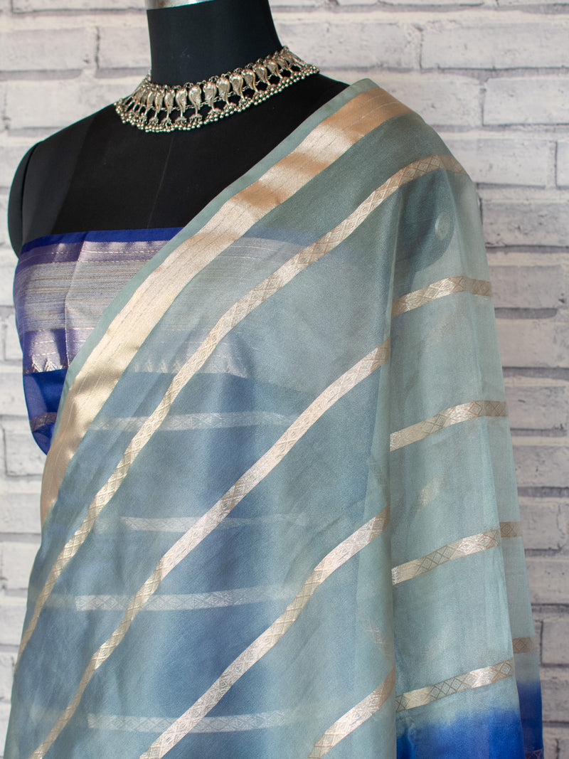 Banarasi Shaded Organza Saree With Zari Weaving-Blue & Grey