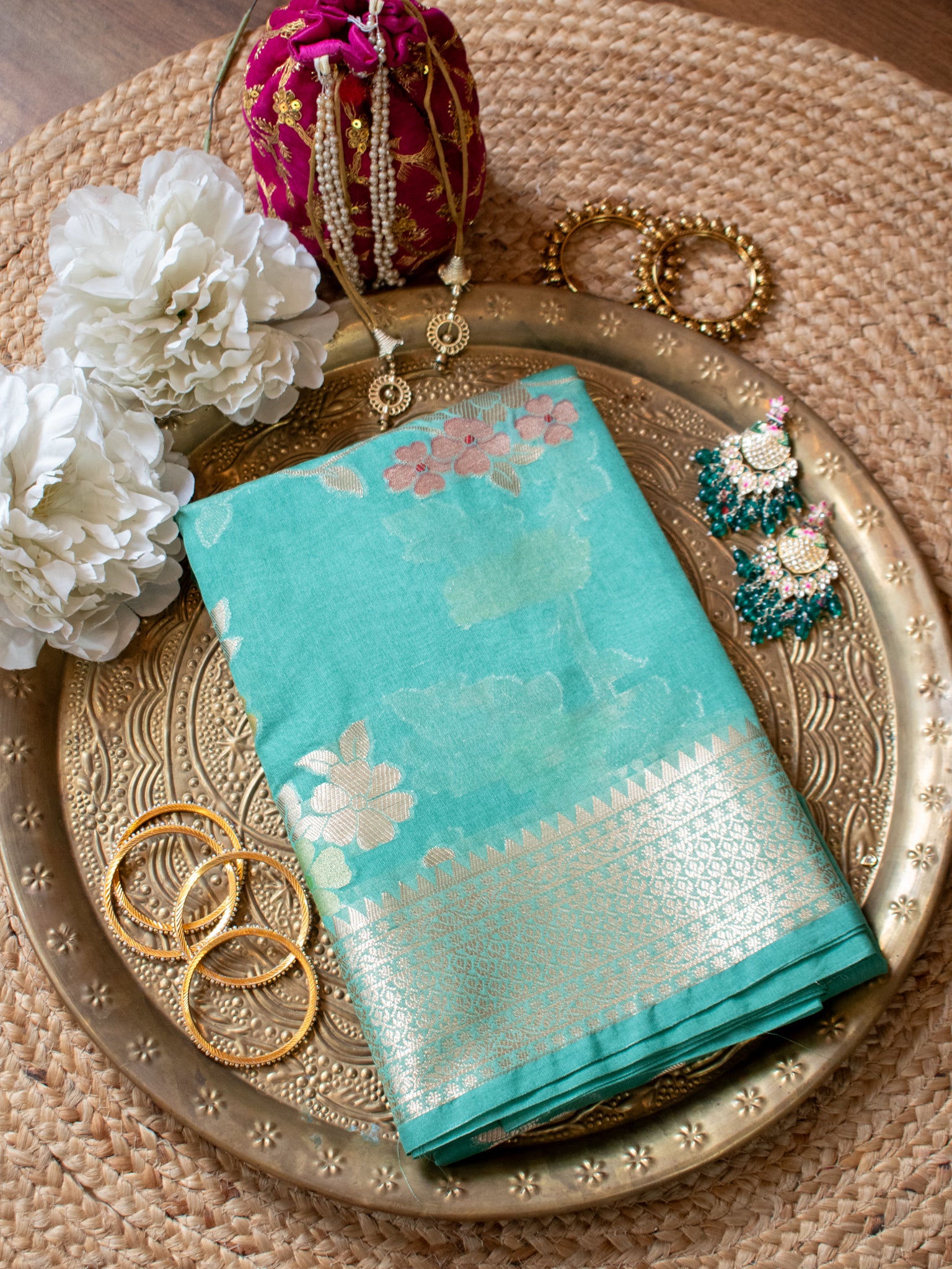 Banarasi Cotton Silk Saree with Floral Weaving & Border- Sea Green