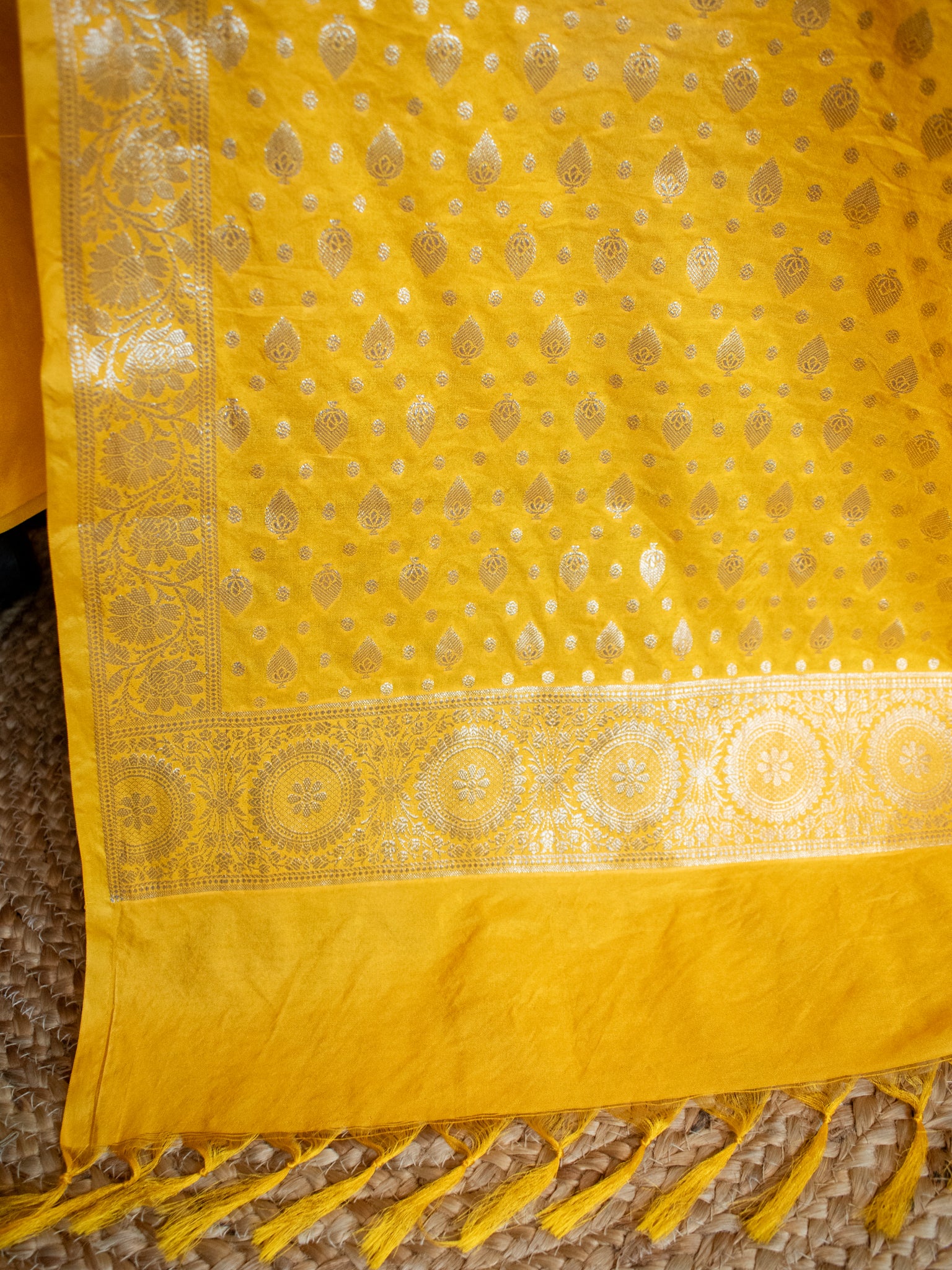 Banarasi Semi Katan Salwar Kameez Fabric With Dupatta- Yellow
