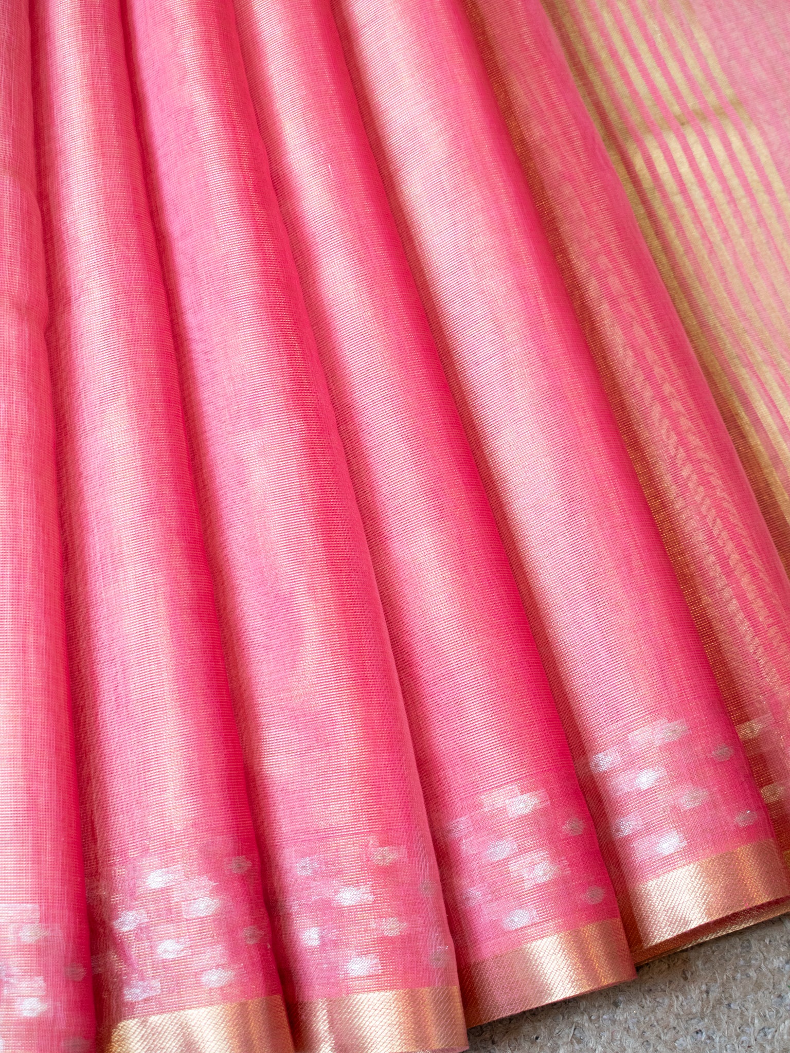 Banarasi Cotton Linen Saree With Resham Weaving & Zari Border-Pink