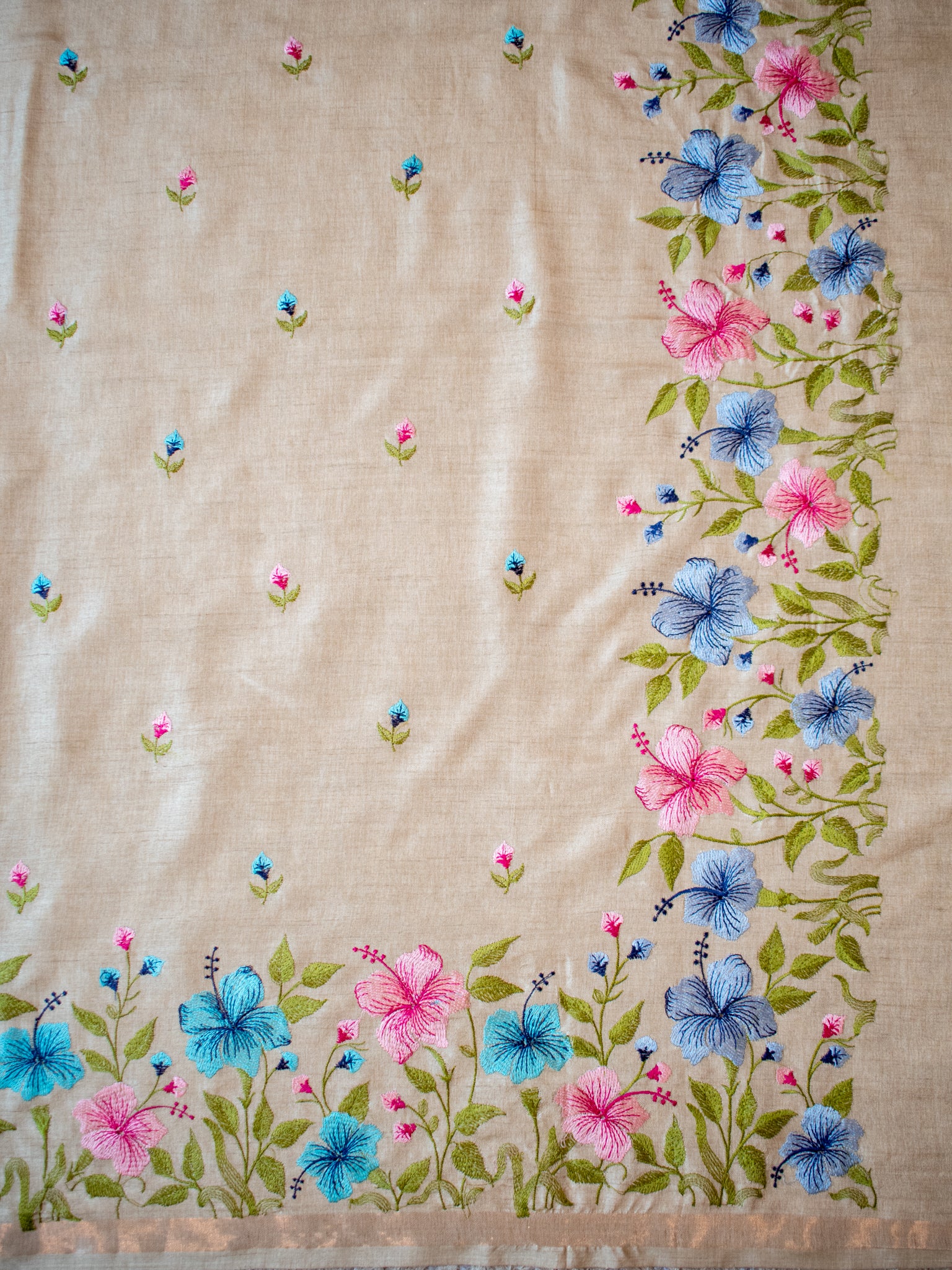 Floral Embroidered Tassar Silk Saree- Beige