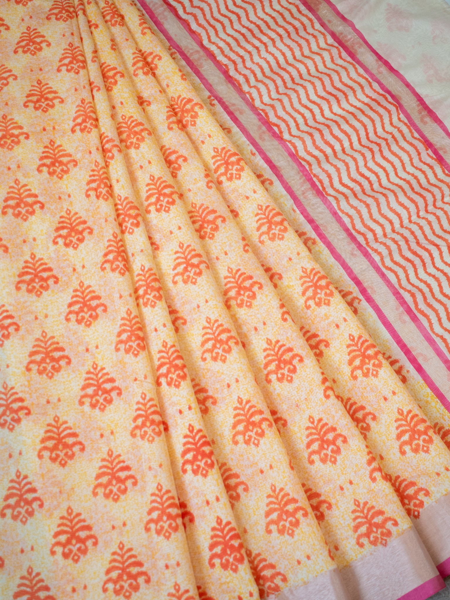 Banarasi Cotton Saree With Block Print & border- Yellow