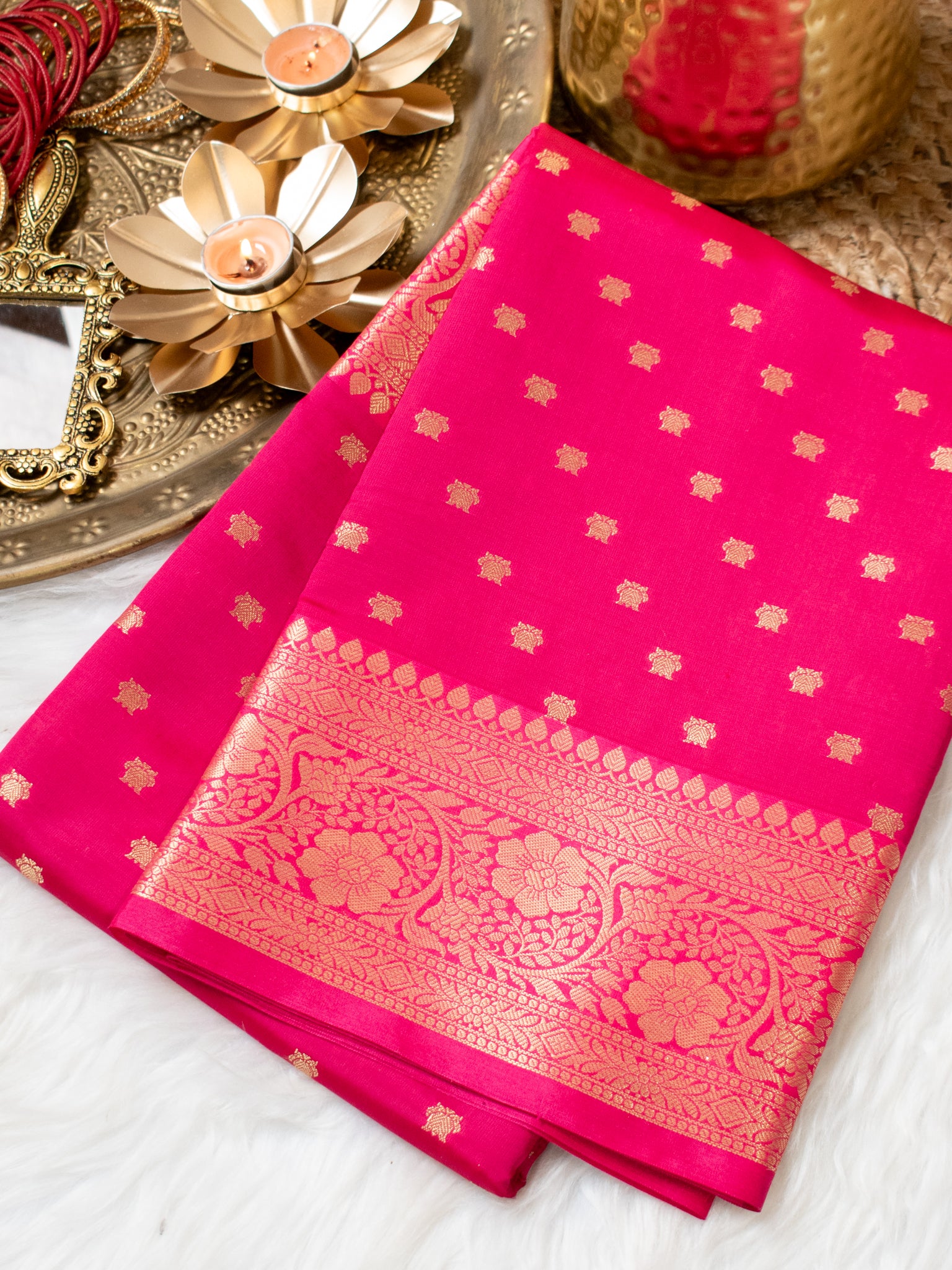 Banarasi Semi Silk Saree With Zari Buti Weaving & Border - Magenta
