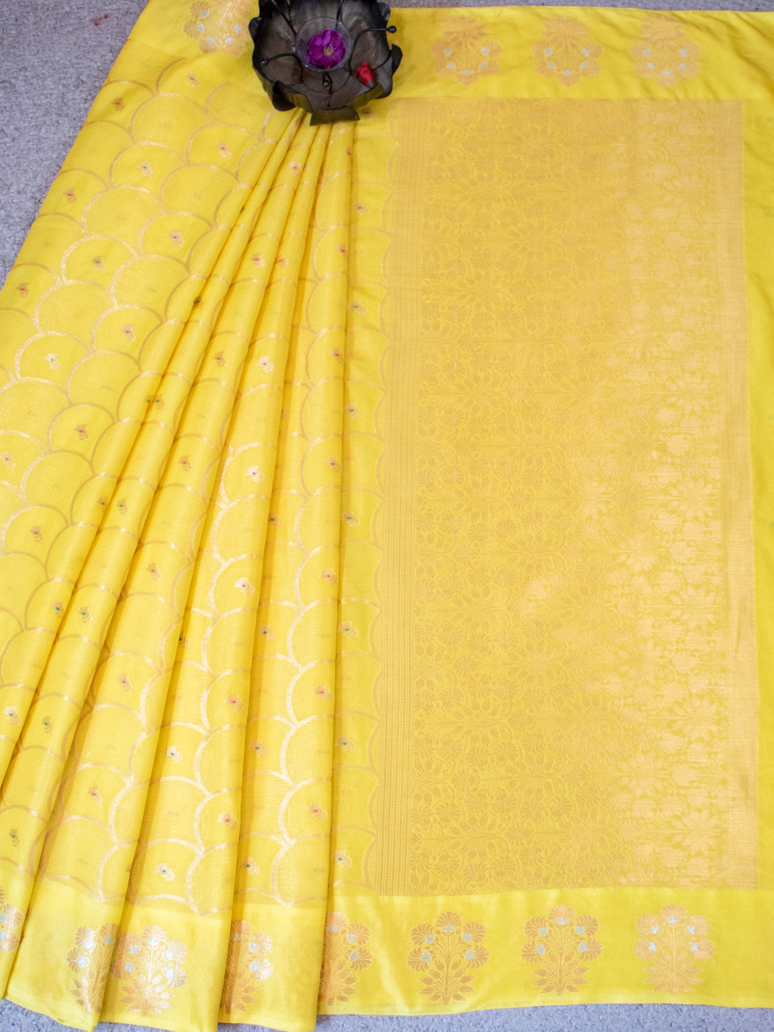 Banarasi Soft Cotton Saree With Zari Weaving & Border- Yellow