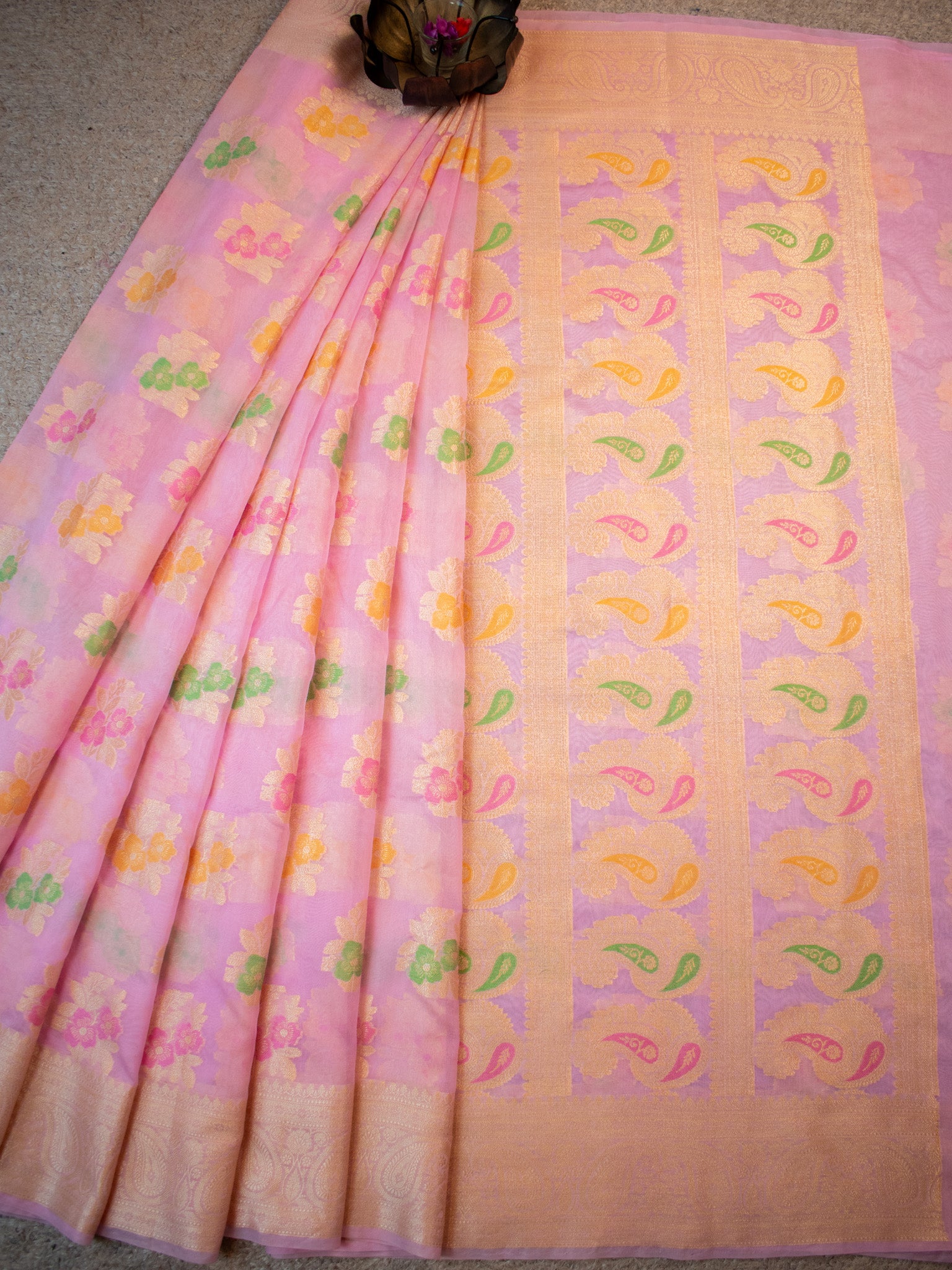 Banarasi Cotton Silk Saree with Floral Weaving & Border-Pink