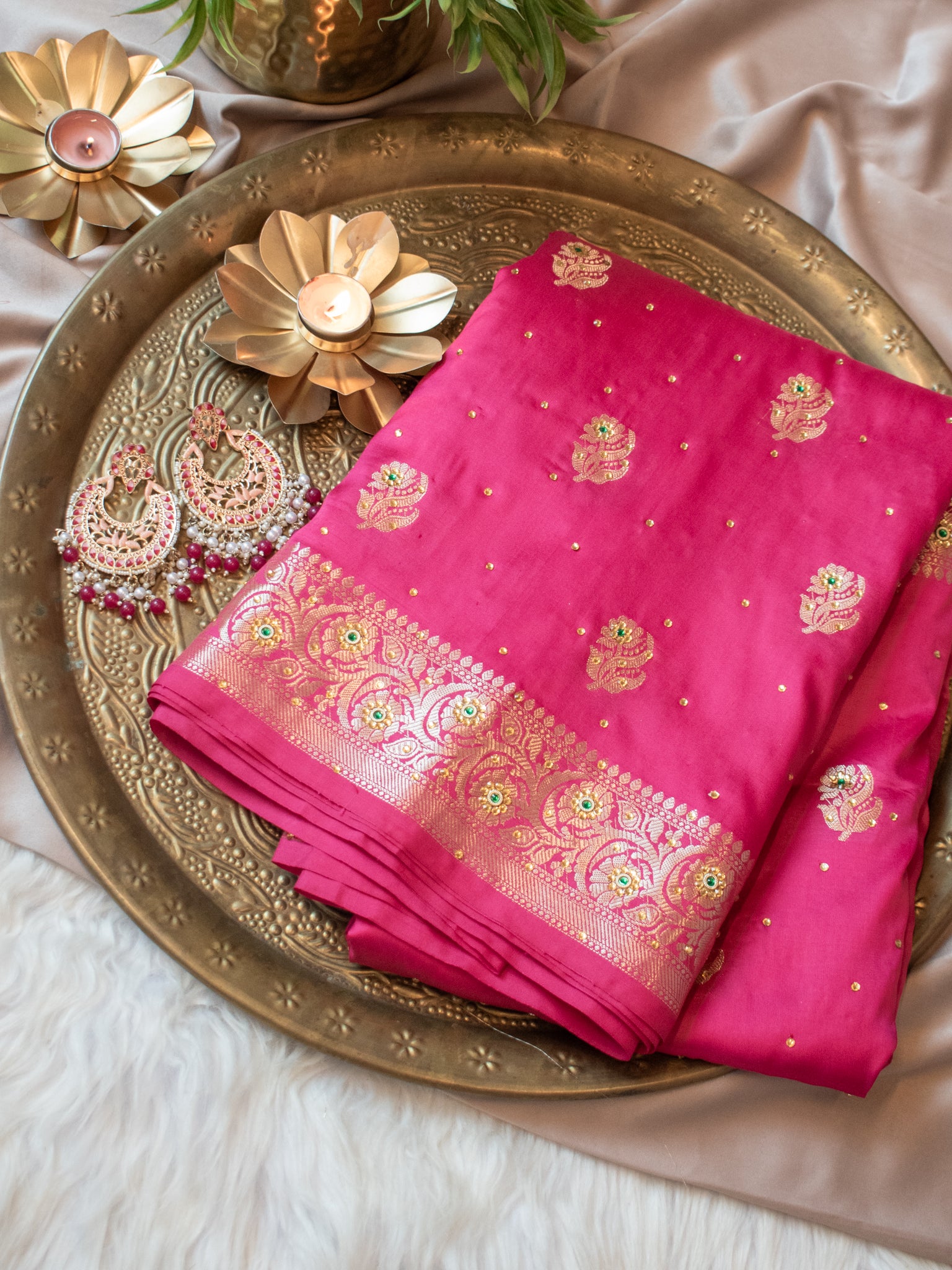 Banarasi Semi Silk Saree With Zari Border - Magenta