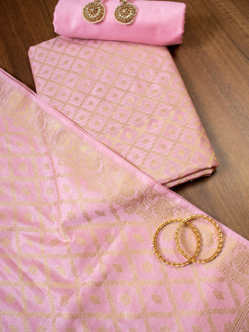 Banarasi Cotton  Silk Zari Weaving Salwar Kameez Material-Pink