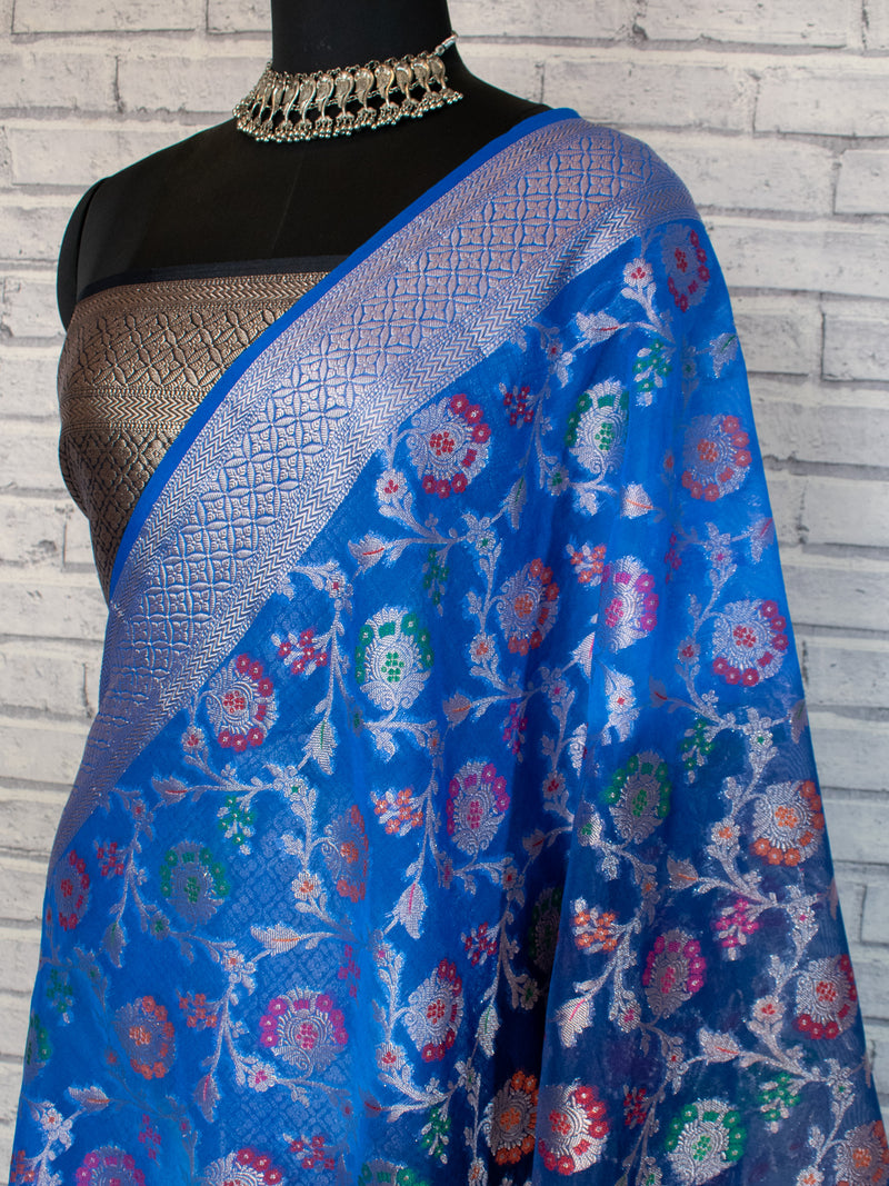 Banarasi Dual Shaded Semi Silk Saree With Heavy Jaal Zari & Meena Weaving-Blue & Black