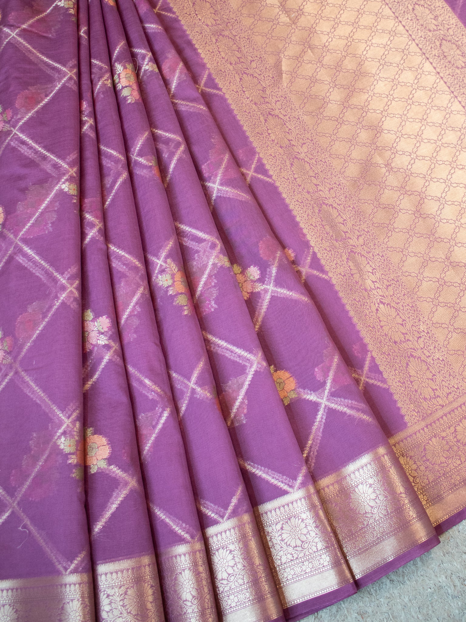 Banarasi Cotton Silk Saree with Floral Weaving & Border- Mauve