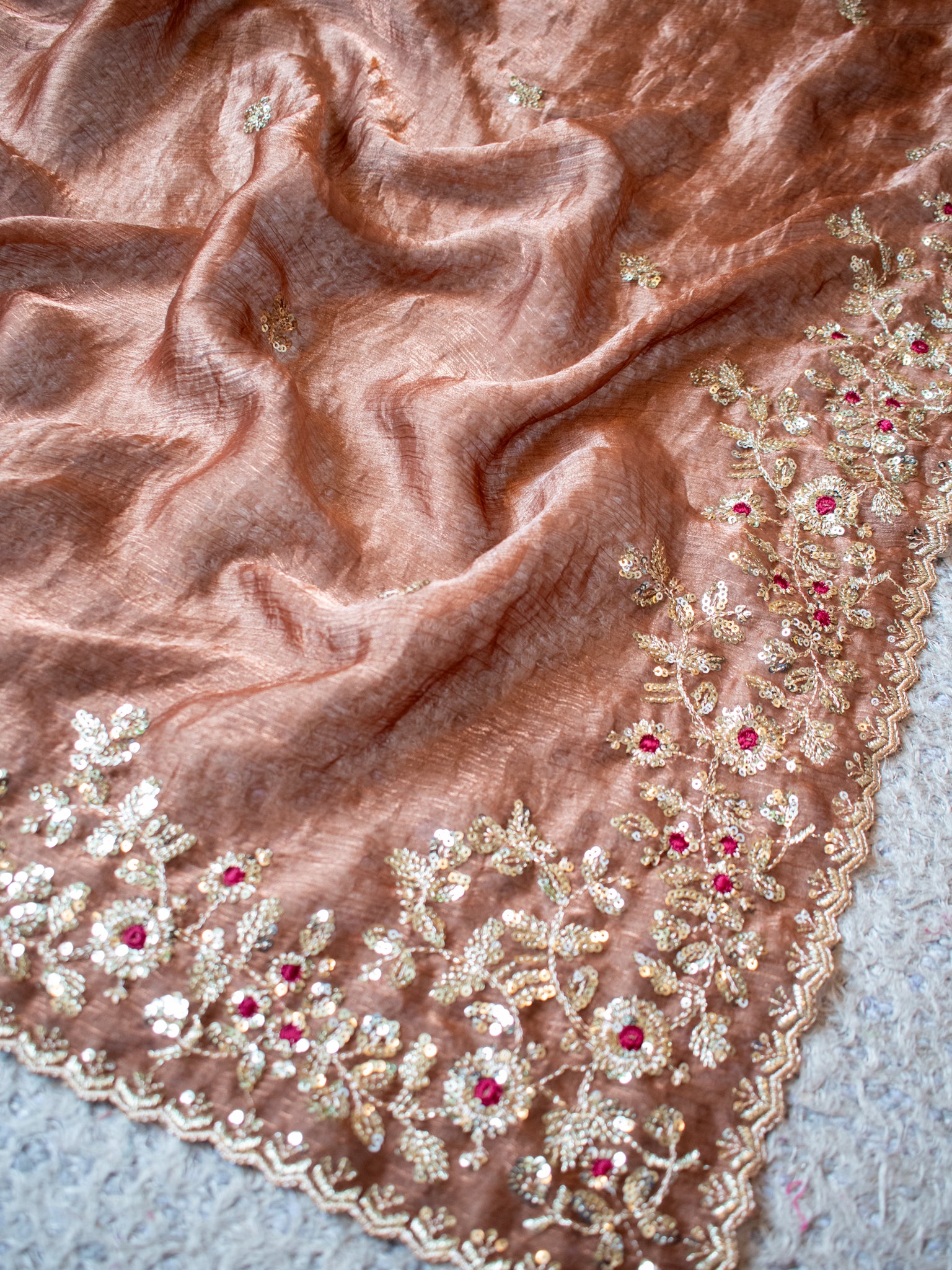 Tissue Embroidered Cocktail Saree- Brown