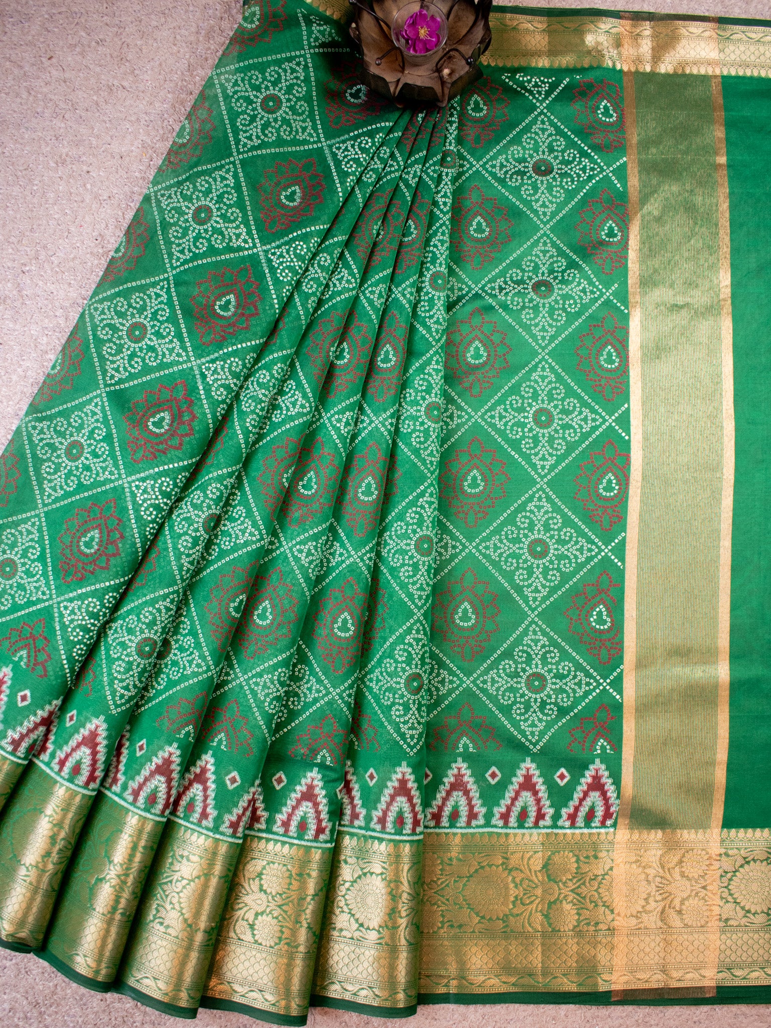 Banarasi Bandhani Organza Saree With Border - Green