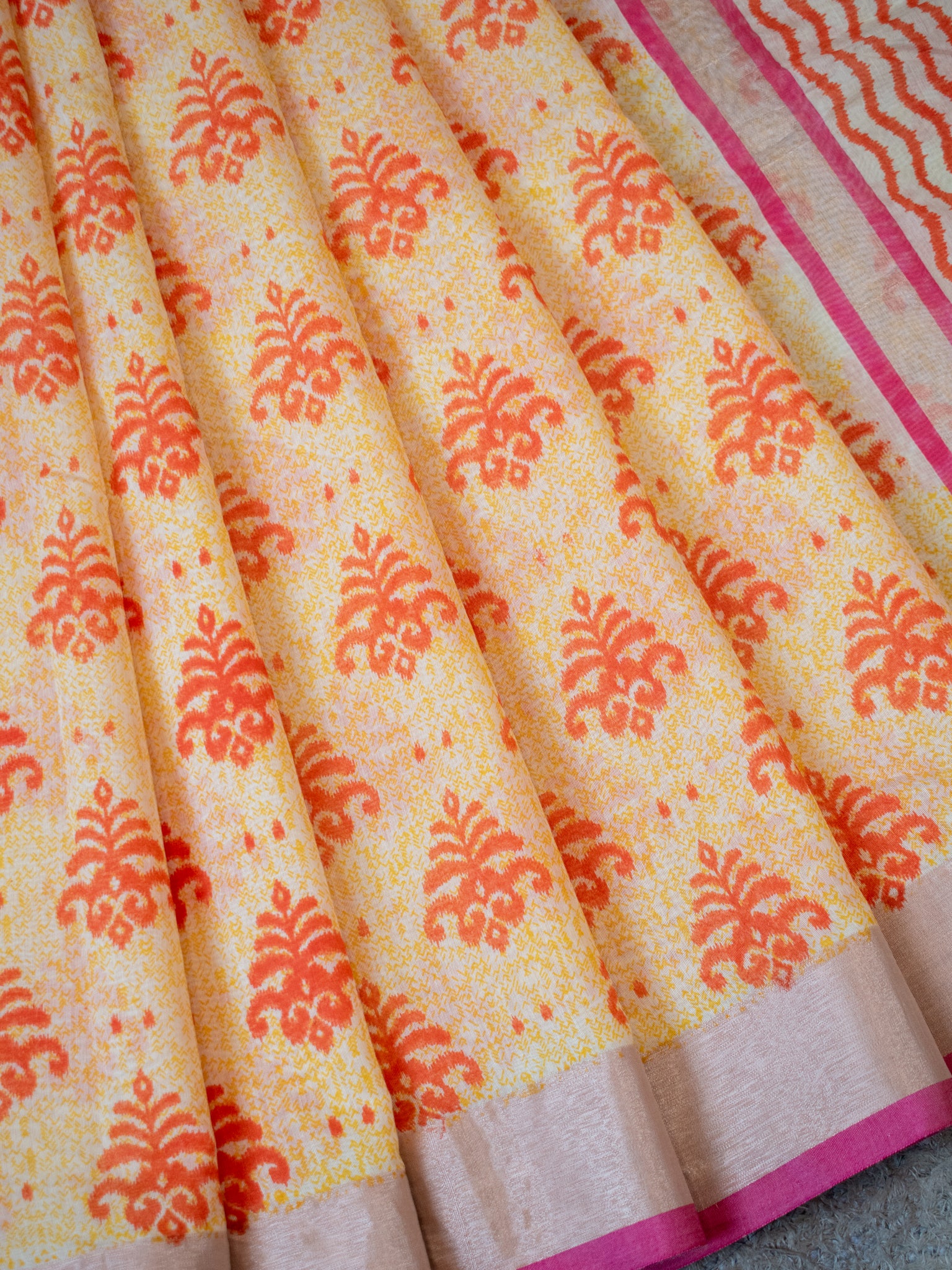 Banarasi Cotton Saree With Block Print & border- Yellow