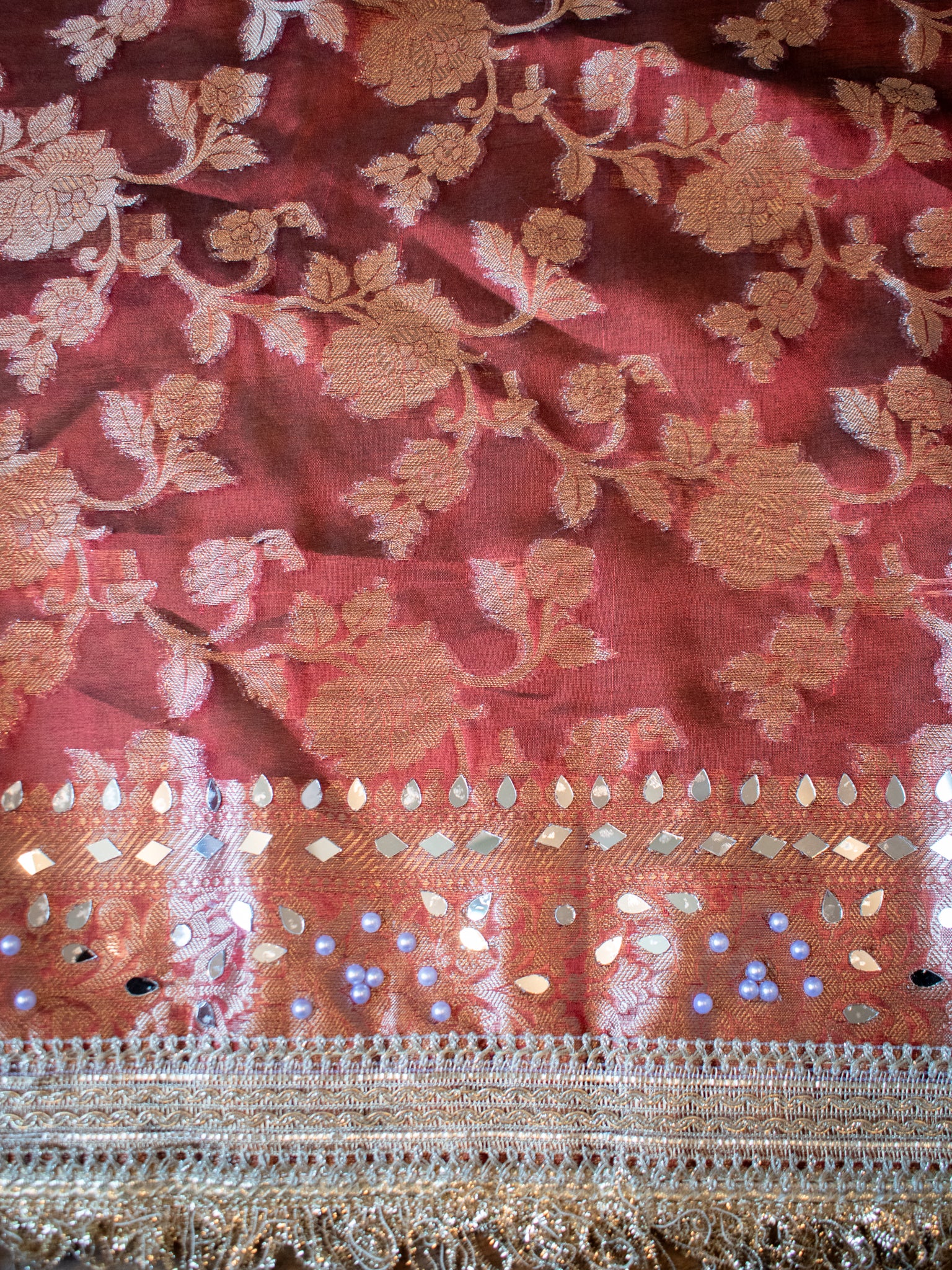 Banarasi Mirror Work Tissue Saree with Lace Border - Maroon