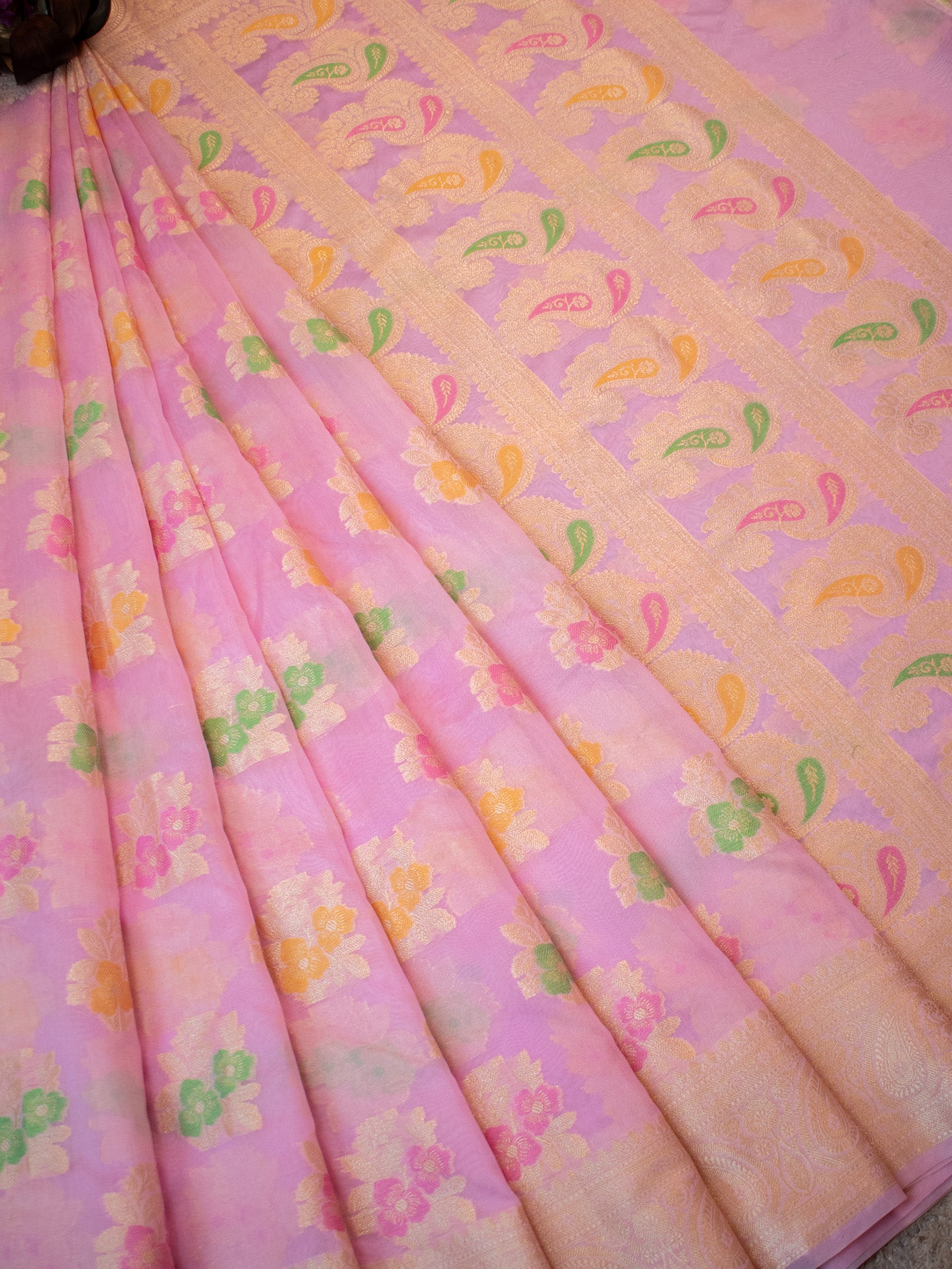 Banarasi Cotton Silk Saree with Floral Weaving & Border-Pink