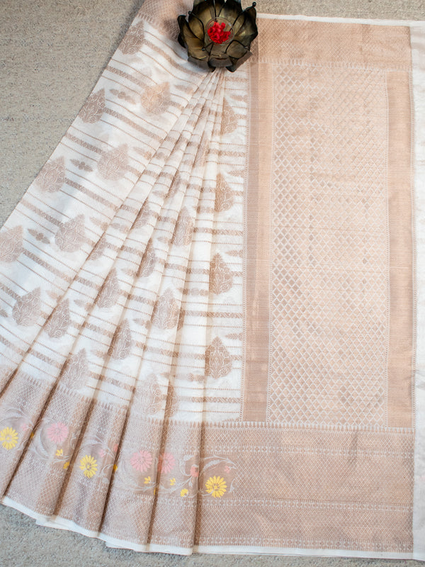 Banarasi Cotton Silk Saree with Buta Resham Weaving-White