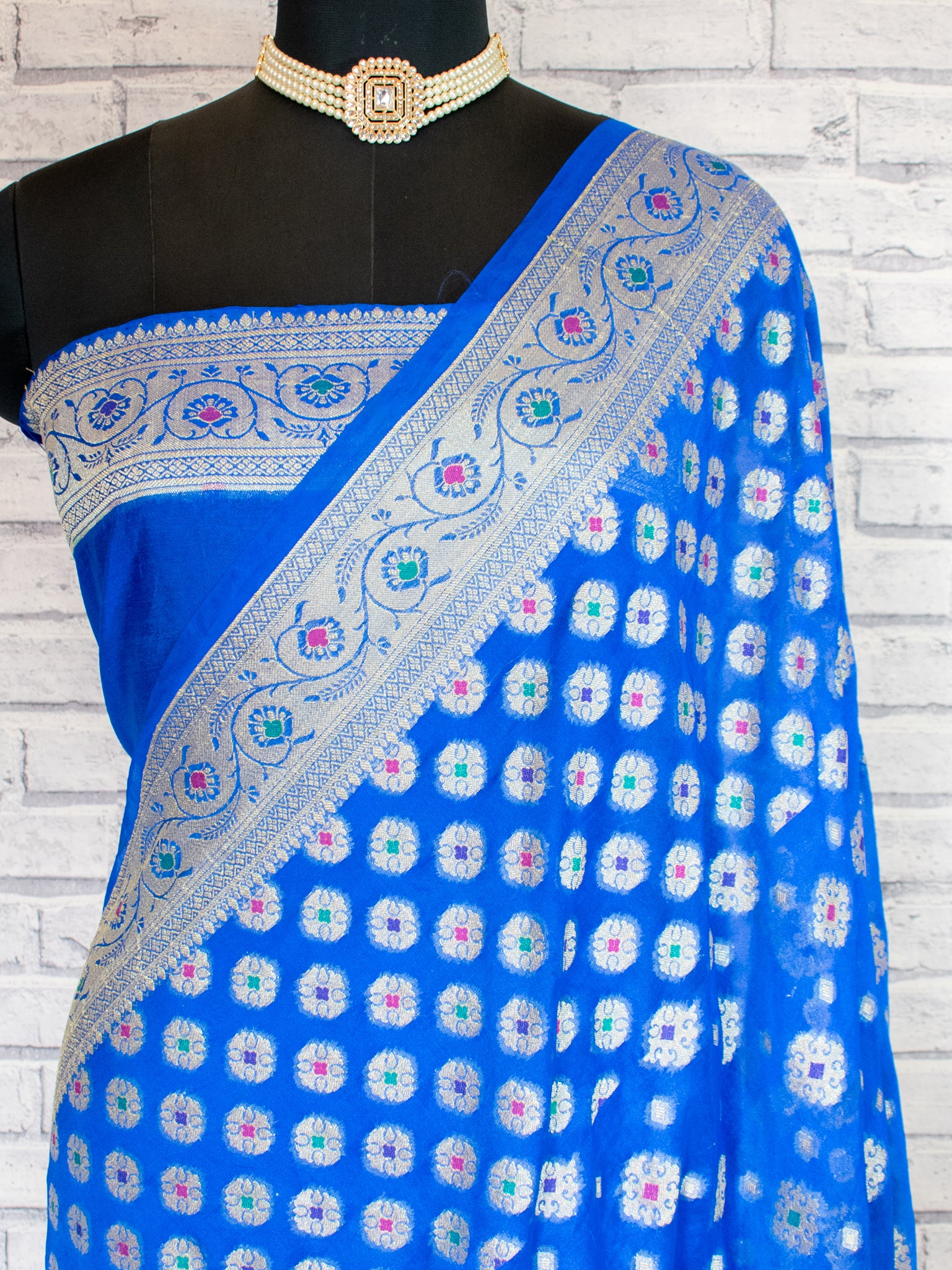 Banarasi Pure Cotton Saree With Zari & Resham Buti Weaving & Border- Blue