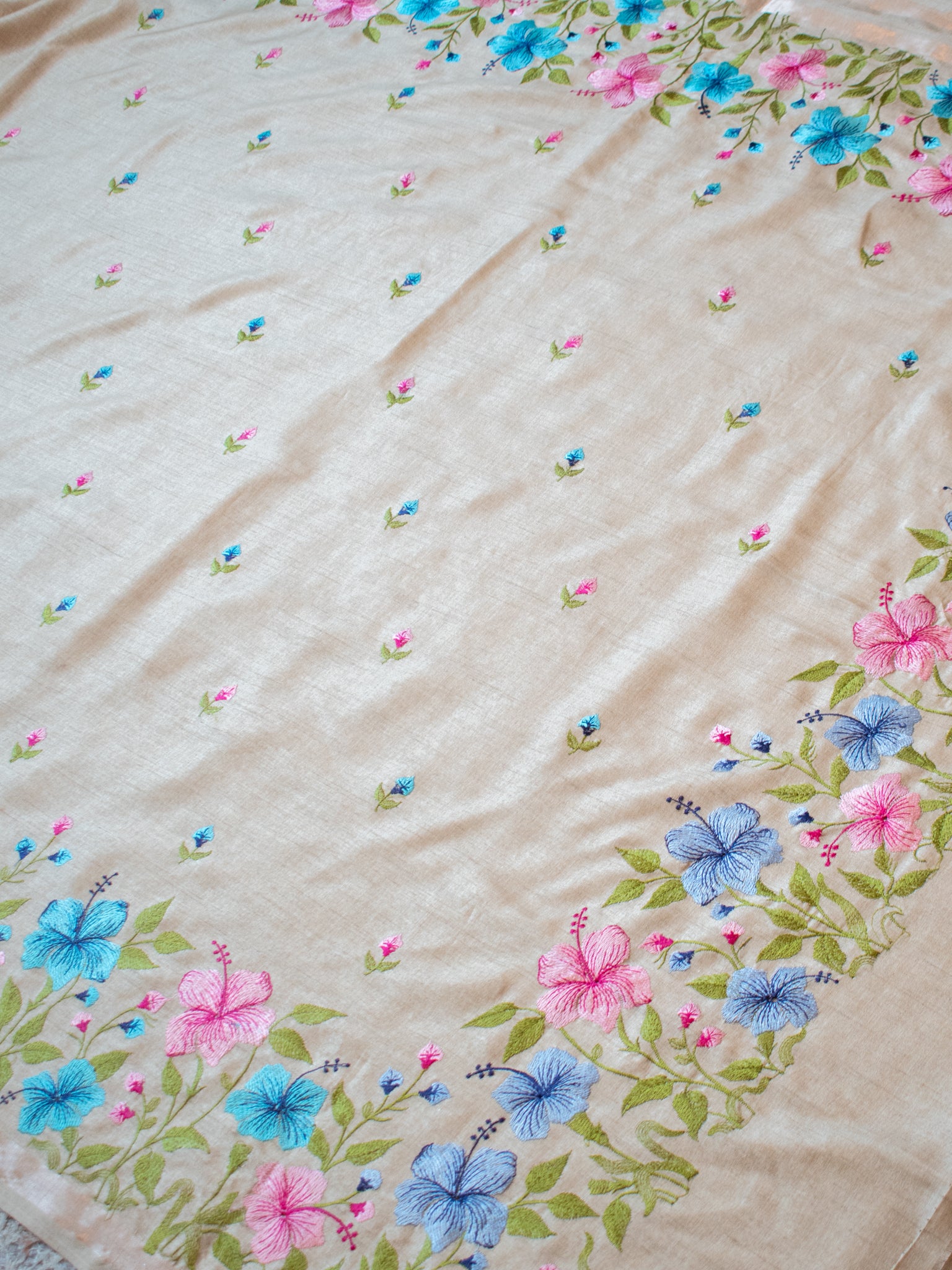 Floral Embroidered Tassar Silk Saree- Beige