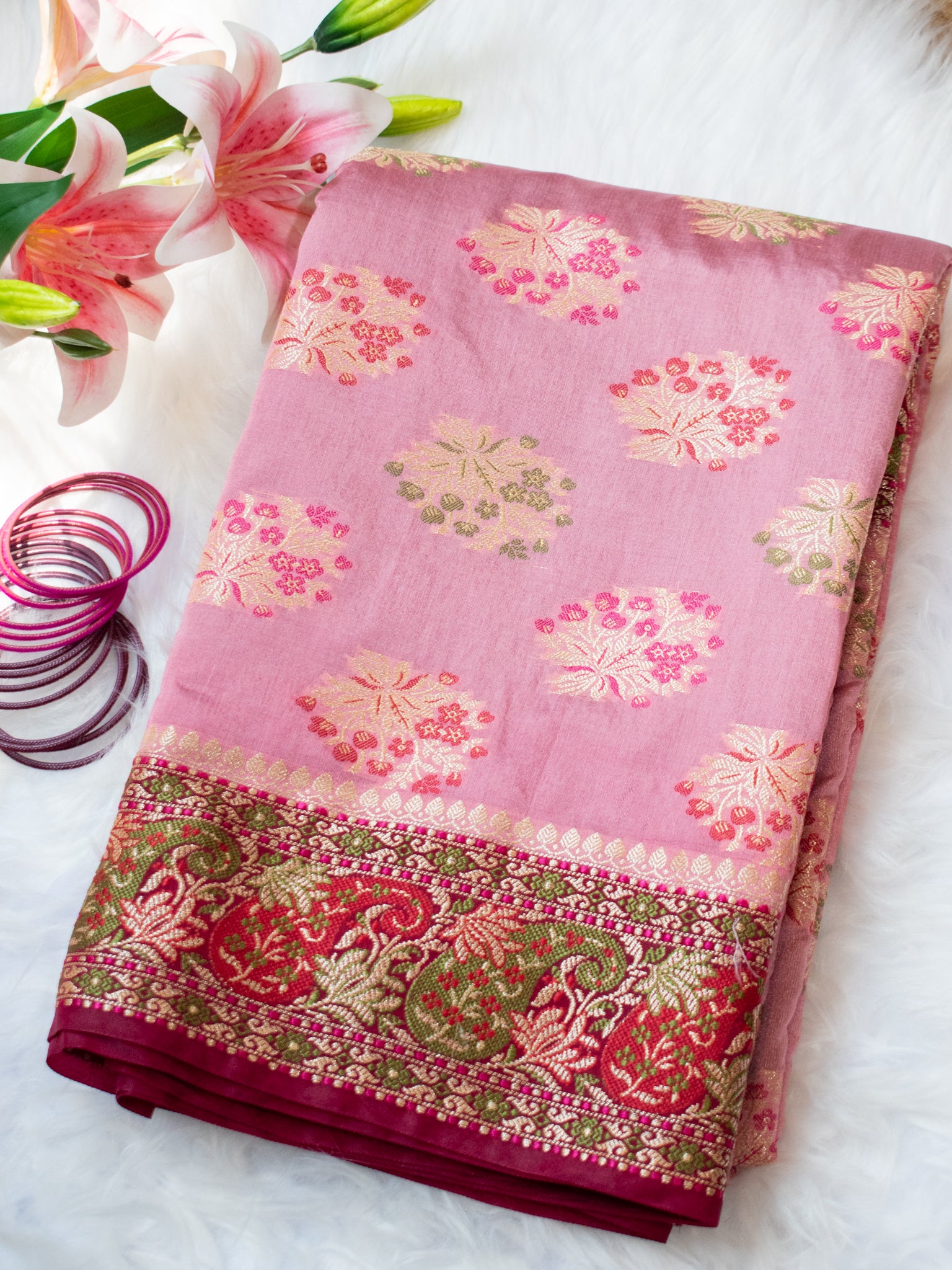 Banarasi Semi Georgette Saree With Resham Work and Border - Pink