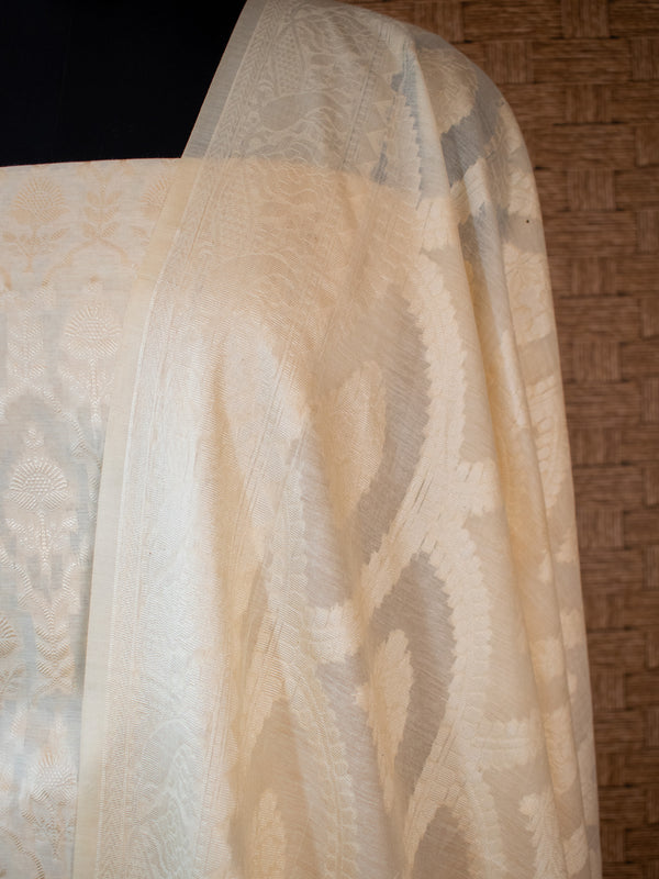 Banarasi Soft Cotton Salwar Kameez Fabric Resham Weaving With Dupatta-White