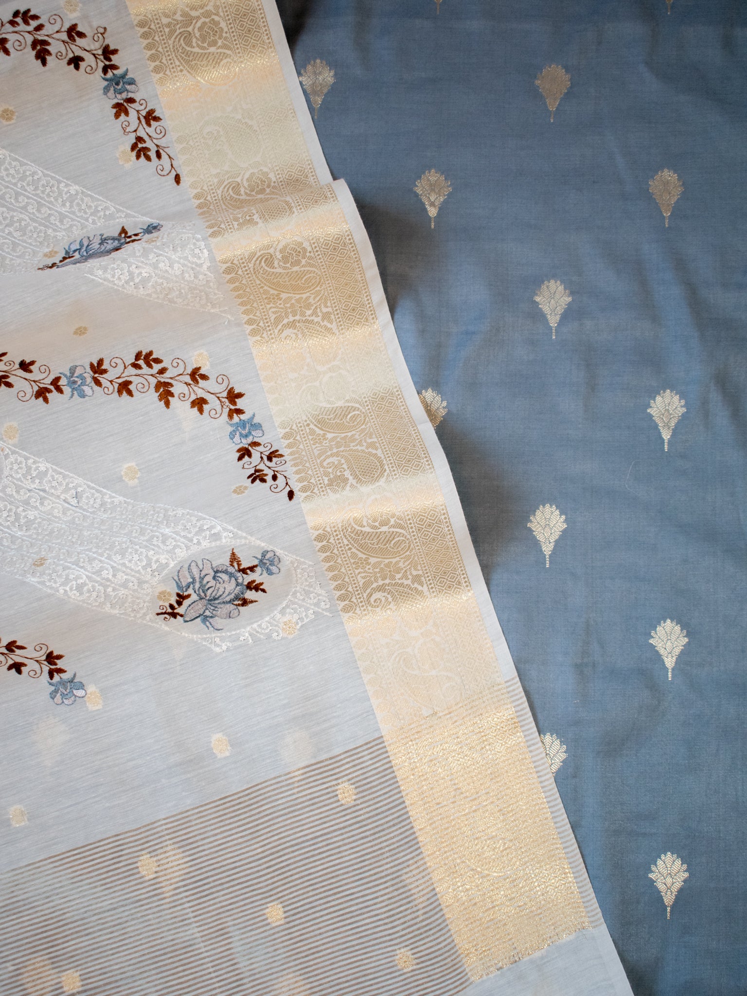 Banarasi Cotton Silk Salwar Kameez with Contrast Dupatta- Grey
