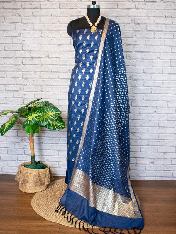 Copy of Banarasi Cotton Silk Salwar Kameez Material With Silver Zari Weaving & Dupatta-Blue