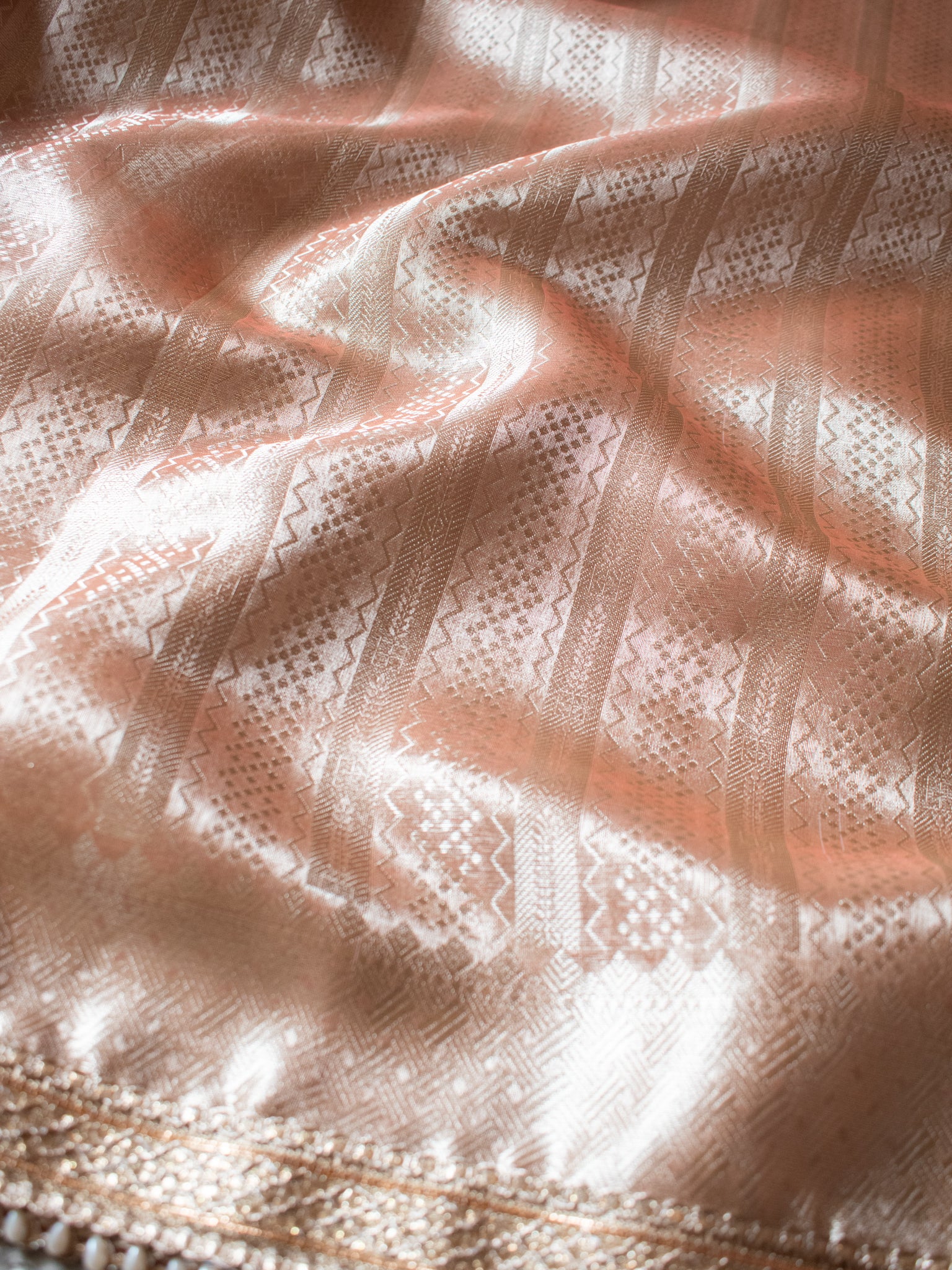 Banarasi Tissue Saree With Weaving & Lace Border- Peach