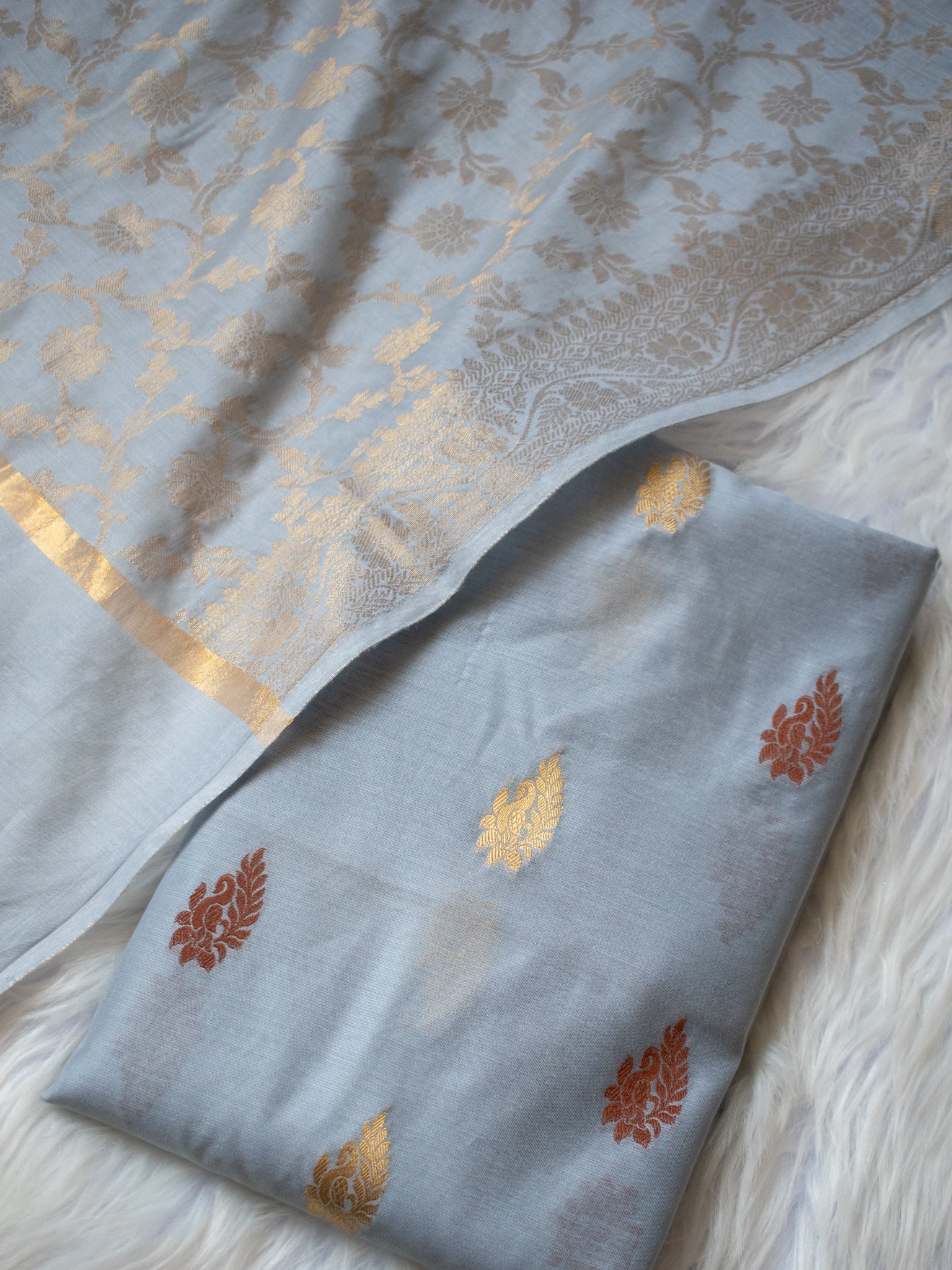 Banarasi Cotton Silk Salwar Kameez with Floral Dupatta- Grey