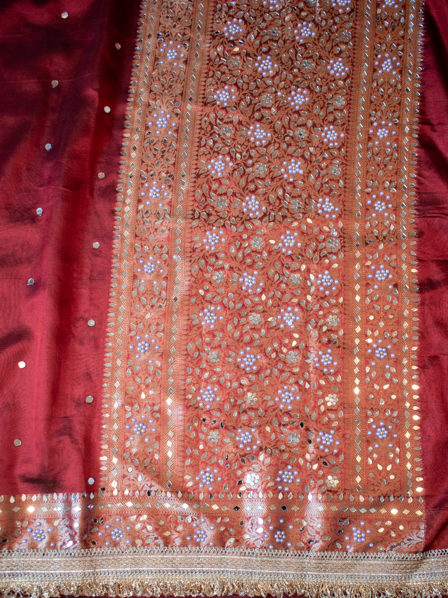 Banarasi Mirror Work Tissue Saree with Lace Border - Maroon