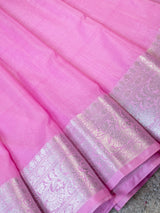 Banarasi Soft Cotton Plain Saree With Zari Border-Pink