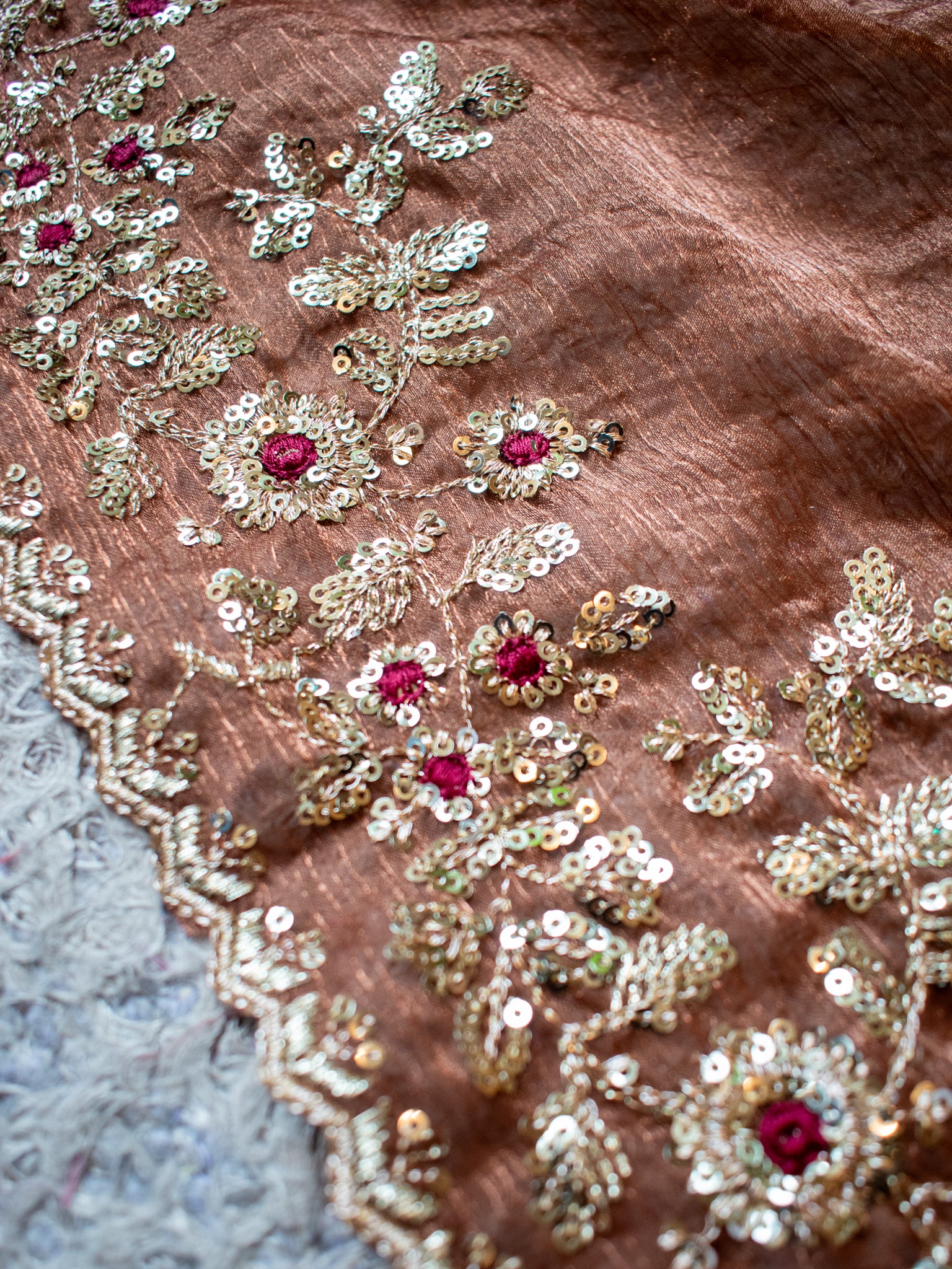 Tissue Embroidered Cocktail Saree- Brown