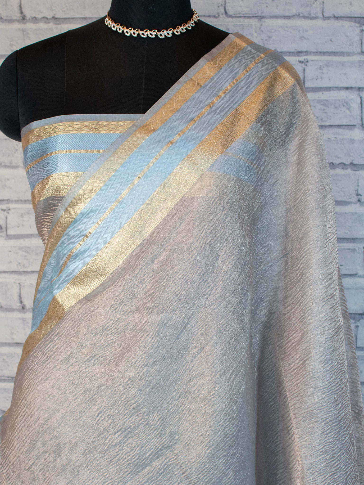 Banarasi Crushed Tissue Saree With Zari Border- Grey