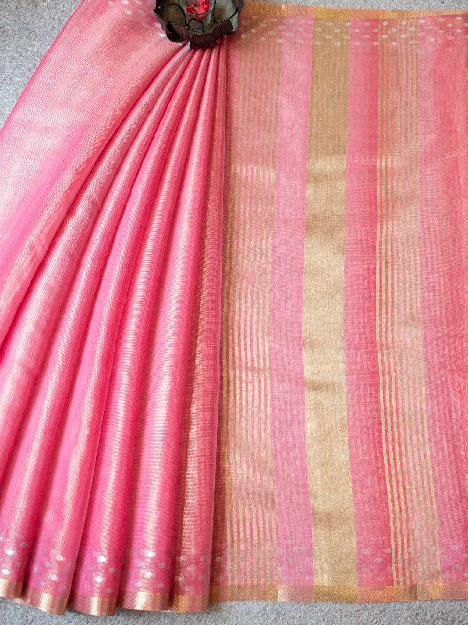 Banarasi Cotton Linen Saree With Resham Weaving & Zari Border-Pink