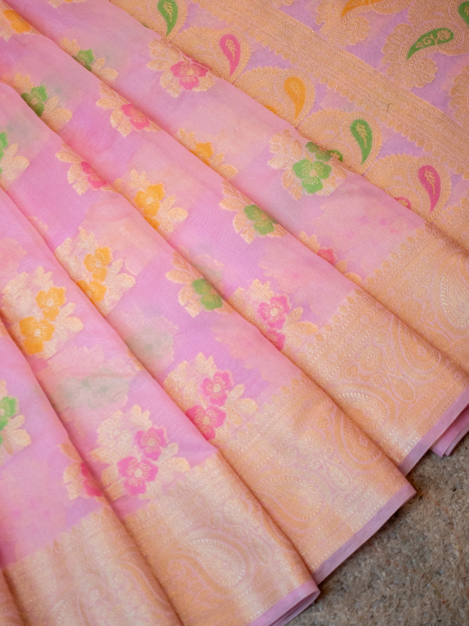 Banarasi Cotton Silk Saree with Floral Weaving & Border-Pink