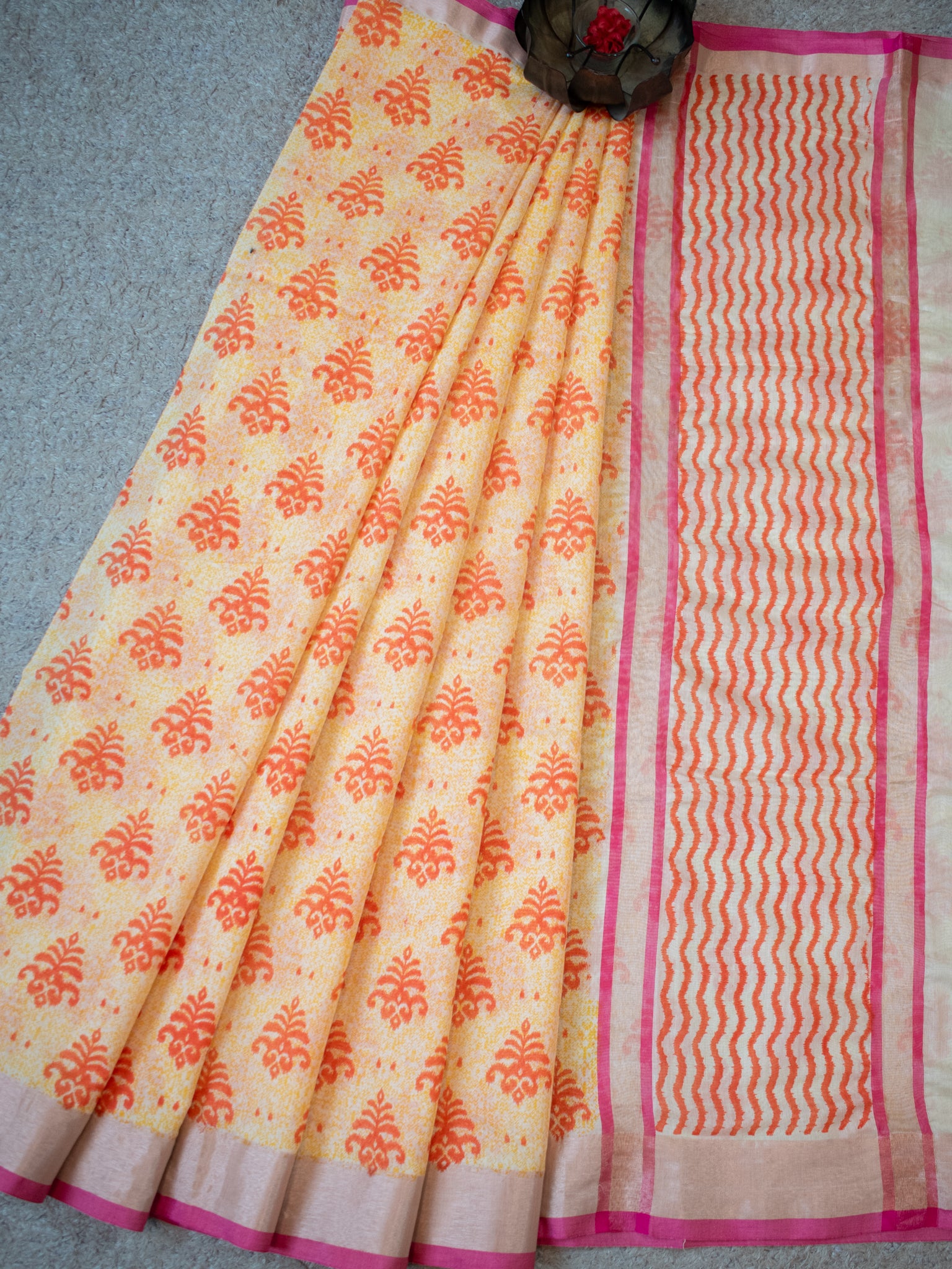 Banarasi Cotton Saree With Block Print & border- Yellow