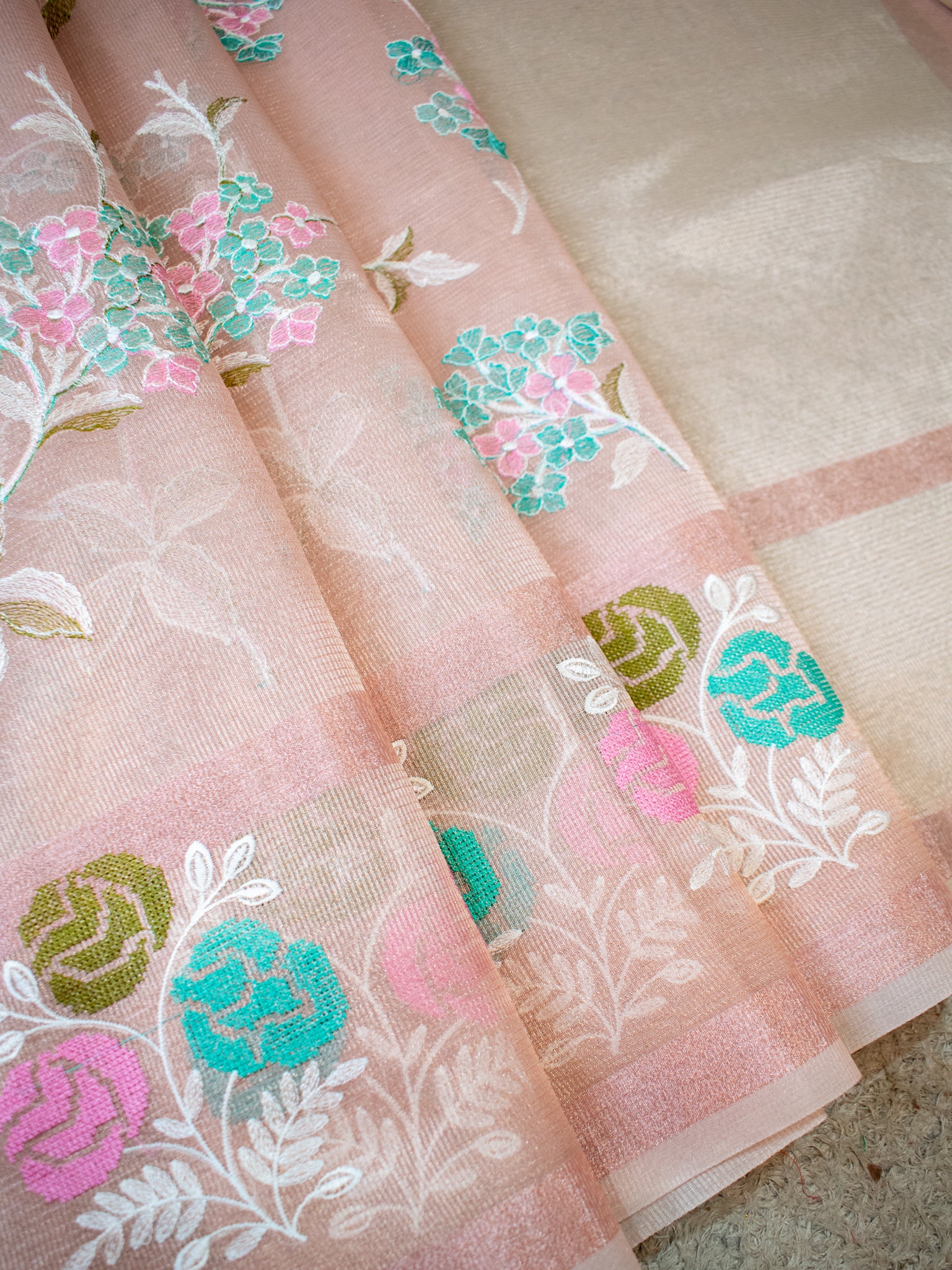 Banarasi Tissue Saree With Embroidery & Border - Pink