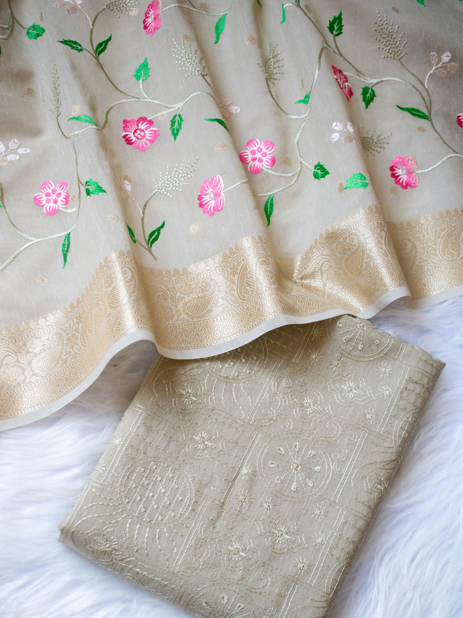 Banarasi Embroidered Salwar Kameez With Dupatta -  Beige