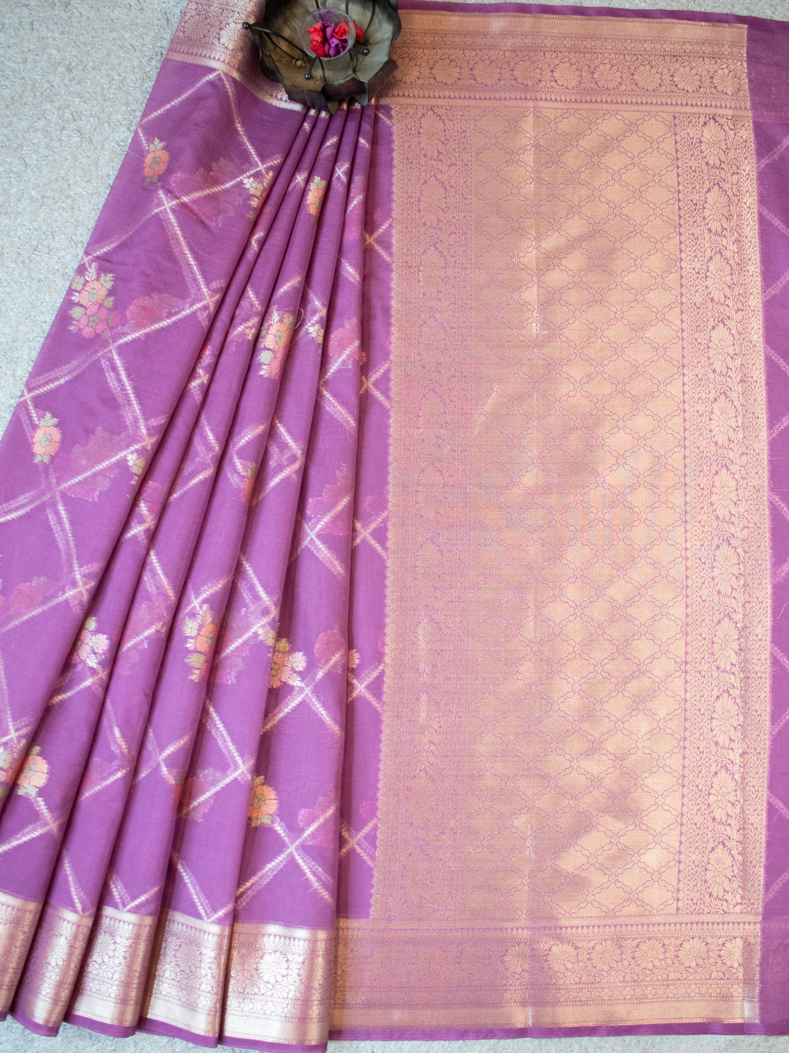 Banarasi Cotton Silk Saree with Floral Weaving & Border- Mauve